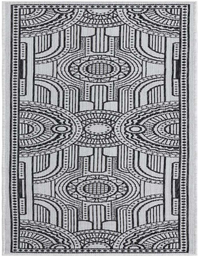 A 6 ft runner rug featuring a black and ivory medallion pattern with geometric and traditional motifs, suitable for indoor/outdoor use.