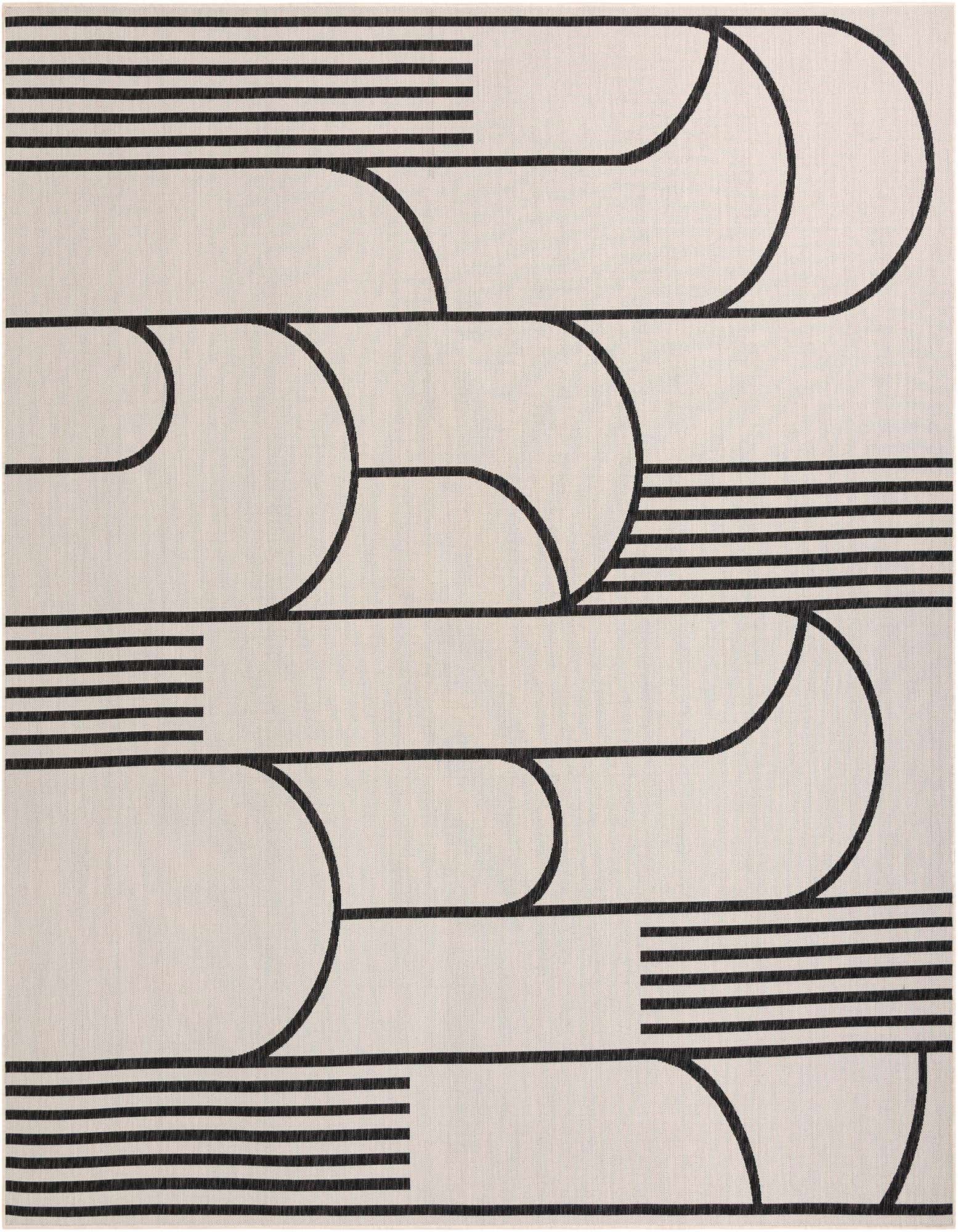 A 12'x12' square black and ivory contemporary outdoor rug with a modern geometric stripe pattern.