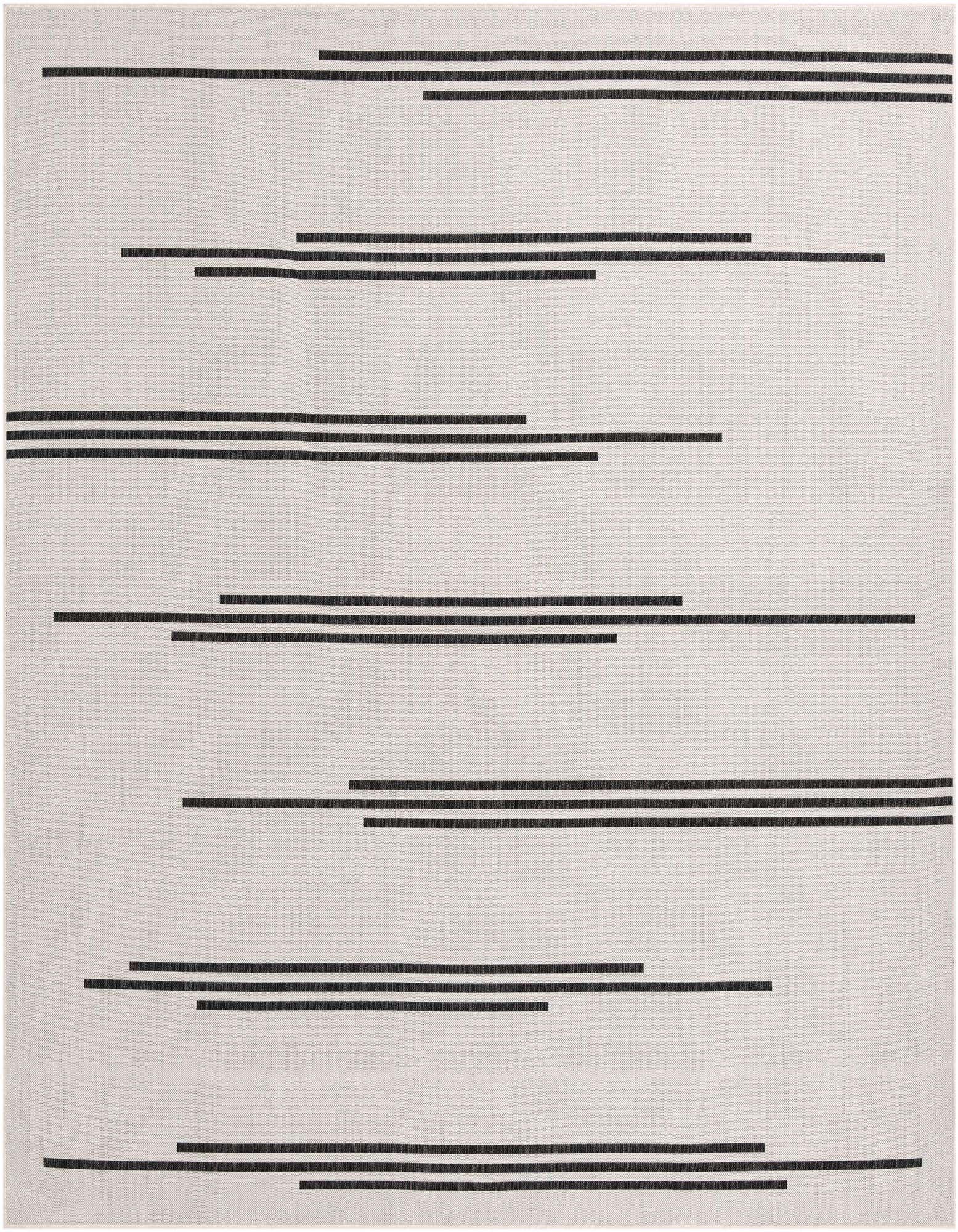 A 10'x10' square indoor/outdoor rug with a minimalist design of black horizontal stripes on an ivory background.