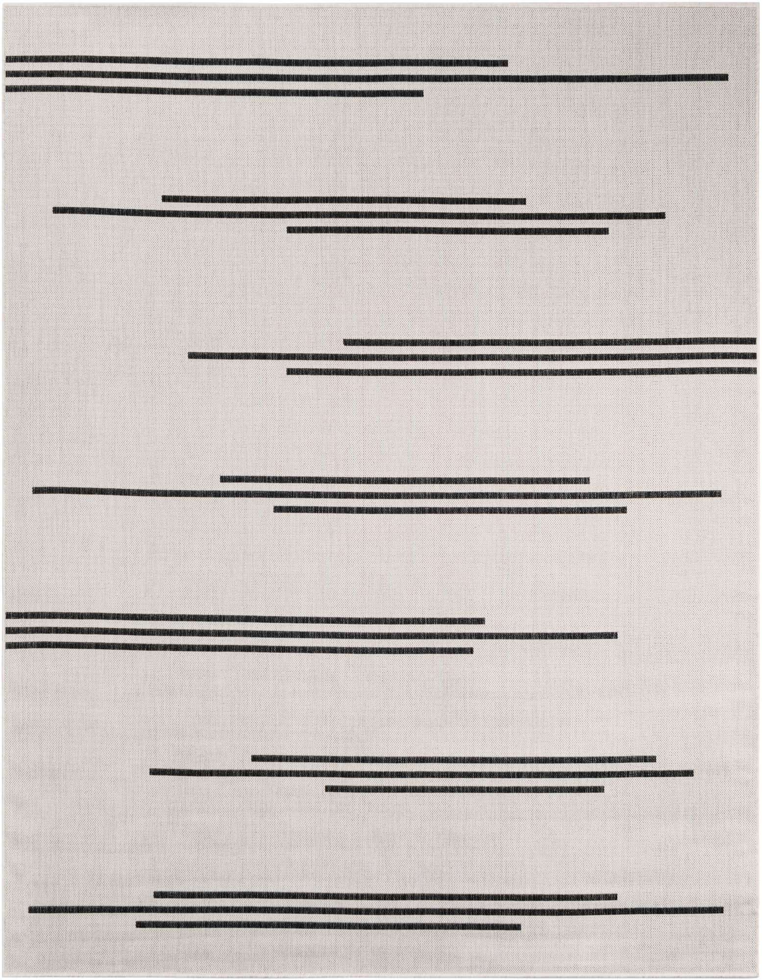 A 7' 10 x 7' 10 square indoor/outdoor rug with a minimalist black stripe pattern on an ivory/cream flatweave background.