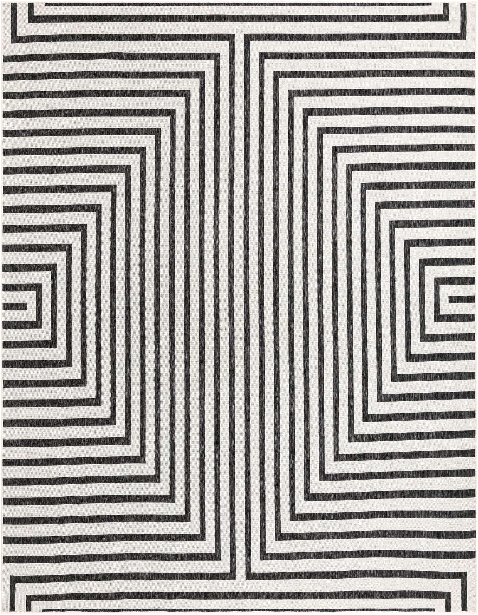 A 12'x12' square black and ivory contemporary rug featuring a bold geometric striped pattern that creates an optical illusion.