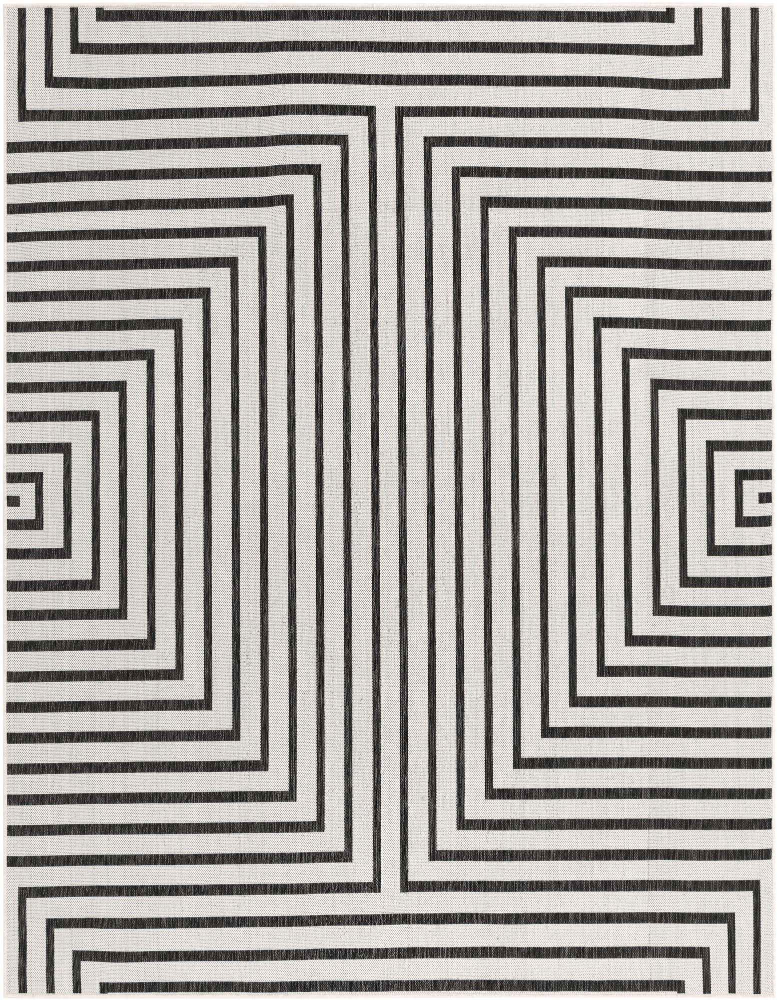 A 7' 10 x 7' 10 square black and white modern rug with a bold geometric striped pattern, ideal for a patio or indoor space.