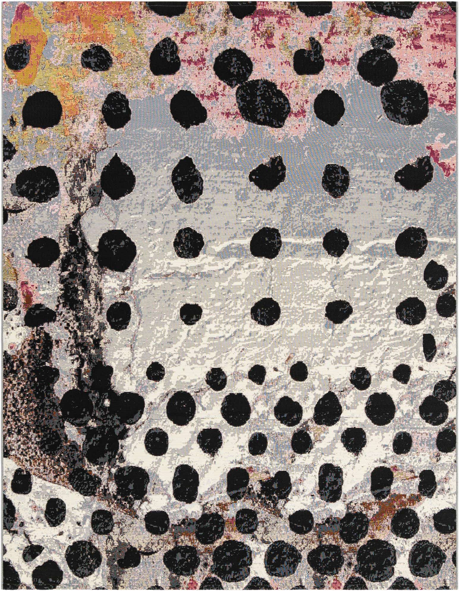 A 7' 10 x 7' 10 square modern abstract rug with black irregular polka dots on a distressed ivory, cream, and gray background with hints of red and yellow.