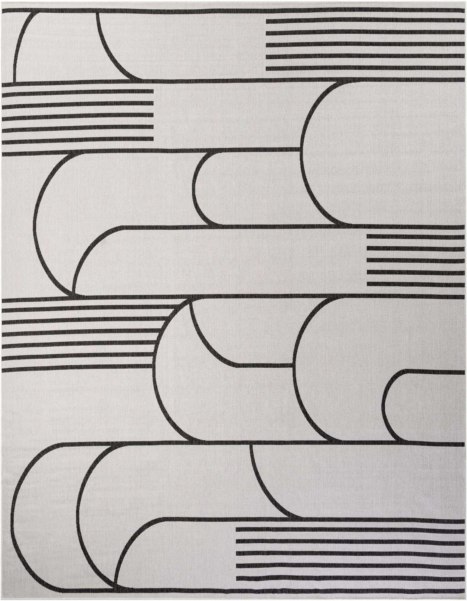 A 13' square modern outdoor rug in black and ivory, featuring a bold geometric pattern of curved and striped lines.