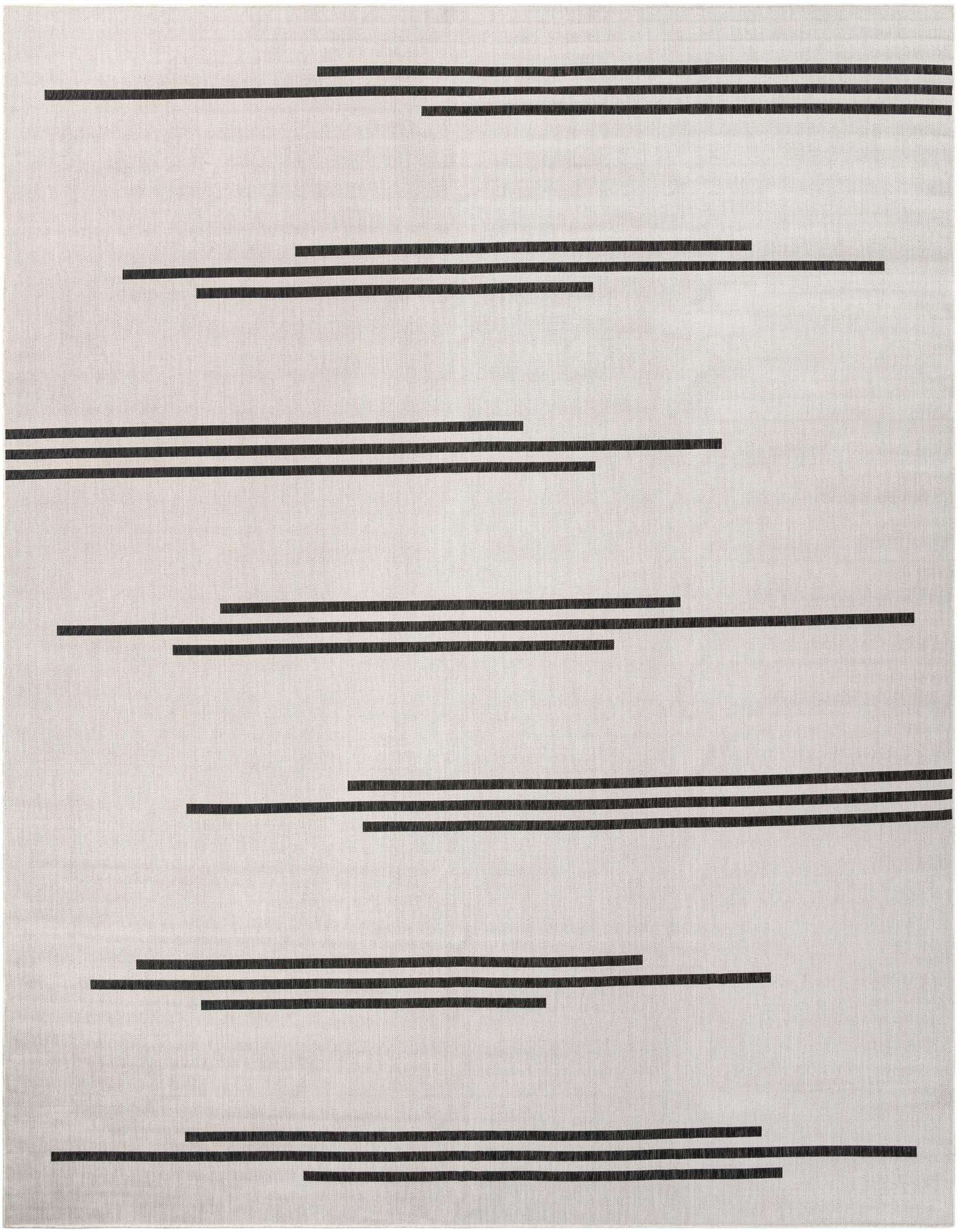 A 13' square modern indoor/outdoor rug with an abstract pattern of horizontal black lines on an ivory and white background.