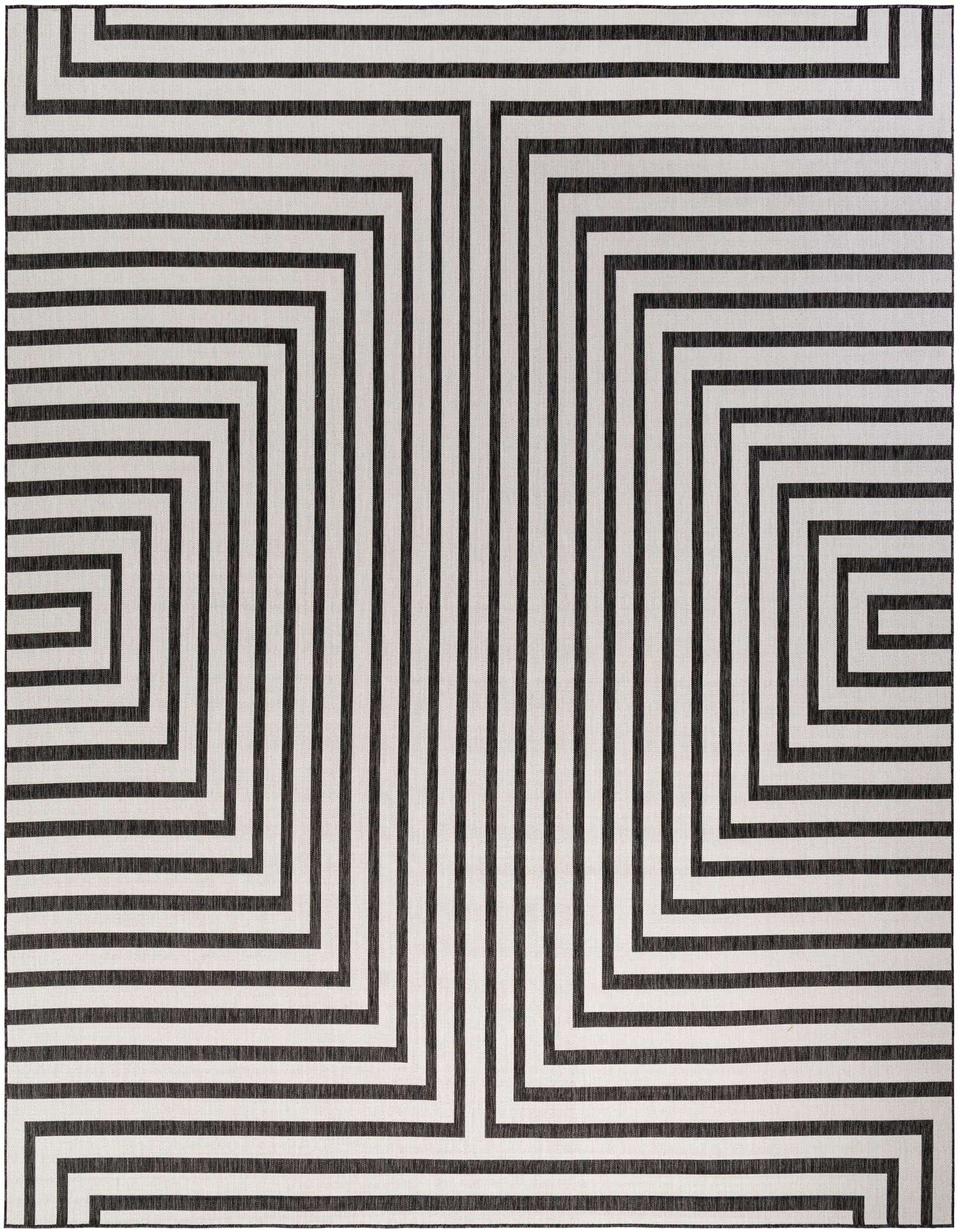 A 13' square black and ivory modern striped rug with an optical geometric pattern, suitable for indoor or outdoor use.