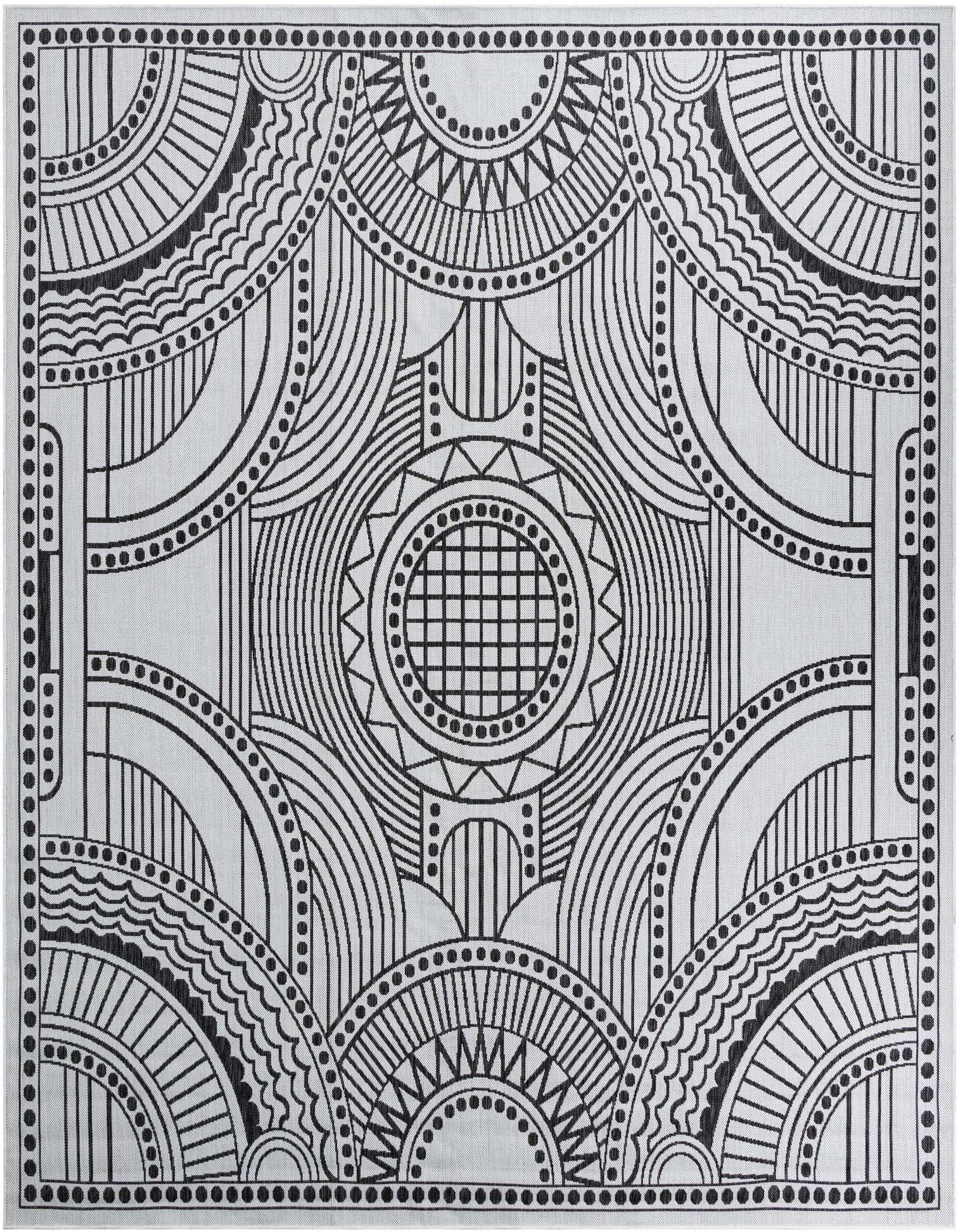 A 10' square black and white contemporary outdoor rug with a bold medallion and geometric pattern.