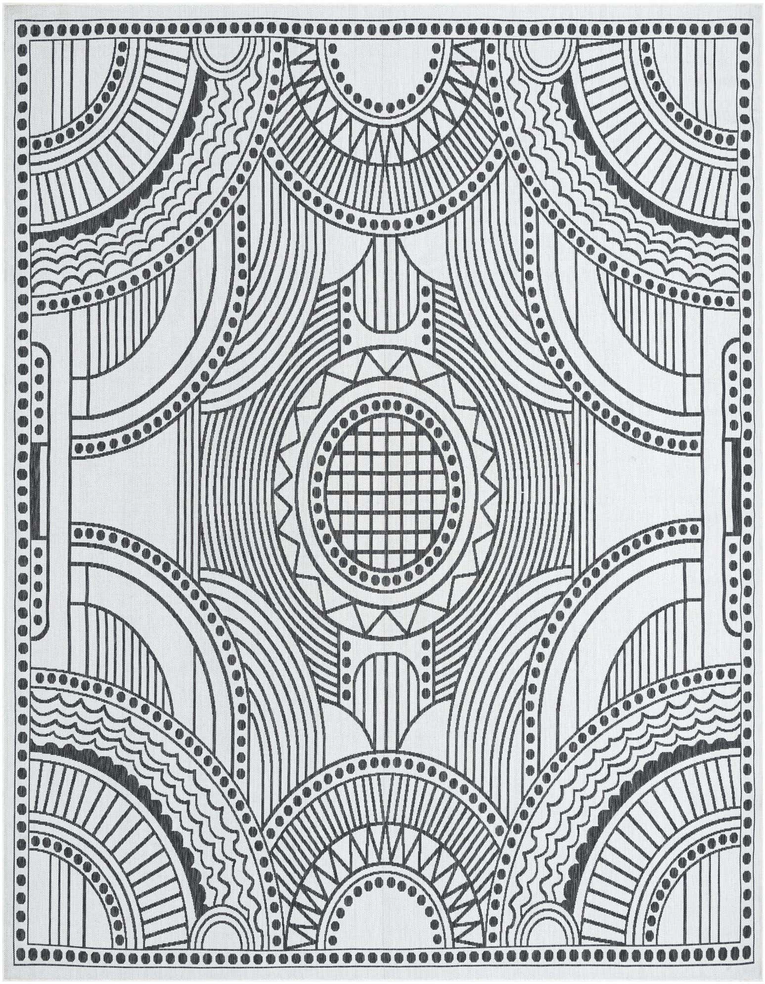 A 12'x12' square black and white outdoor rug with a contemporary medallion pattern featuring geometric circles and lines.