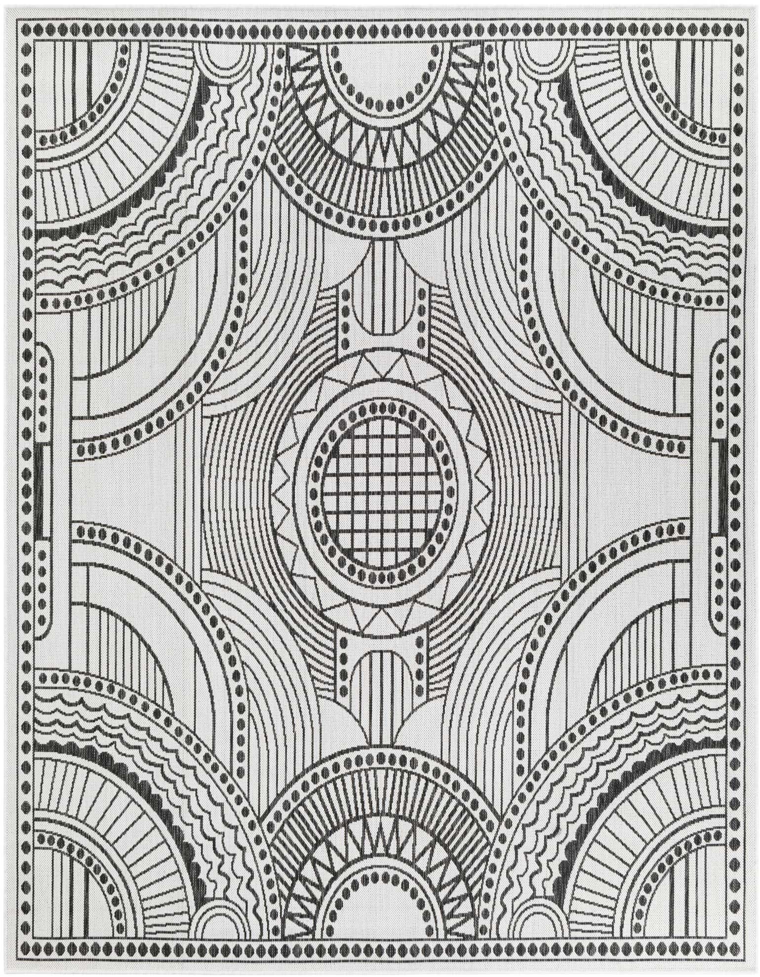 A 7' 10 x 7' 10 square black and ivory rug featuring a bold, contemporary medallion pattern with geometric shapes, lines, and dots.