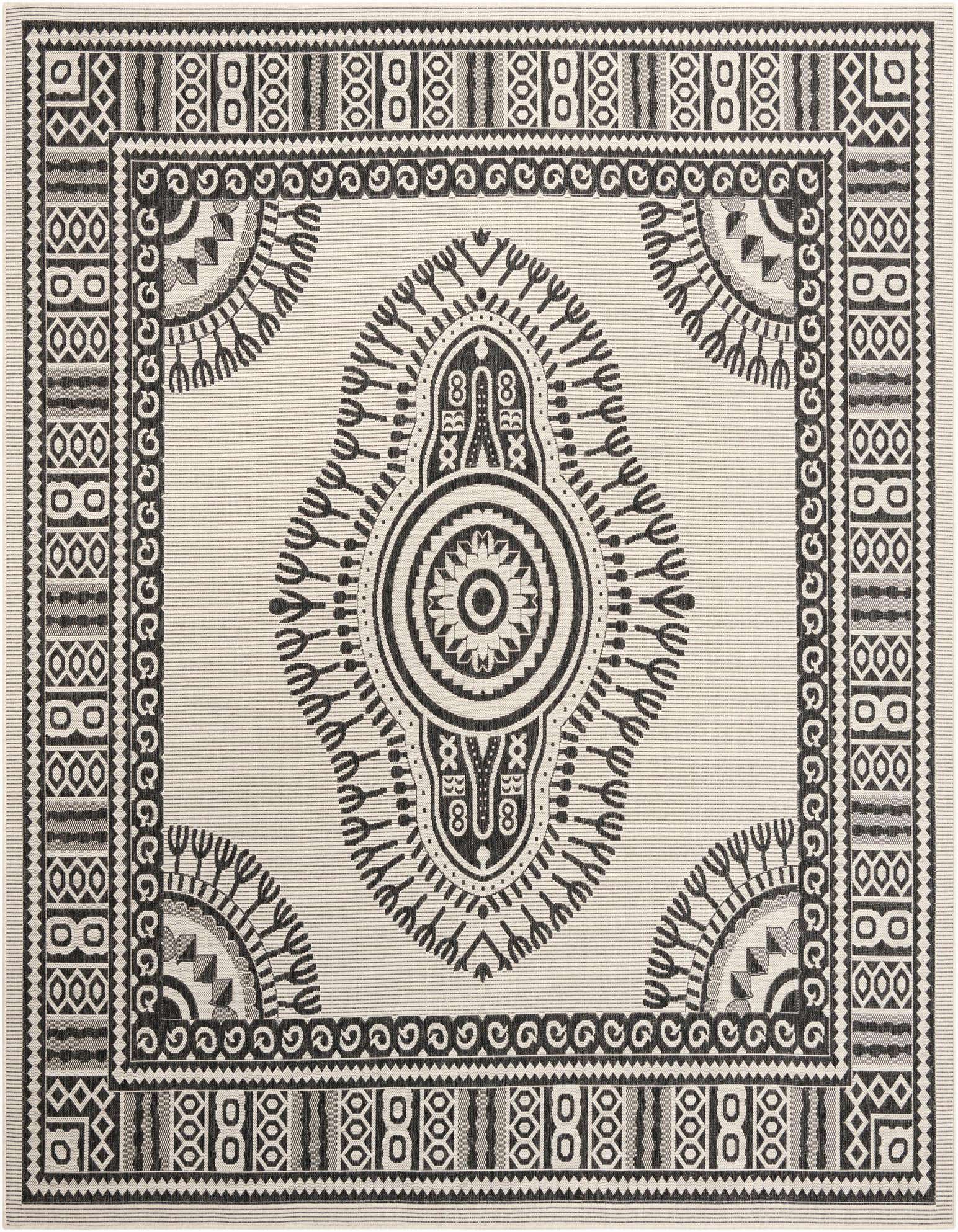 A 10' square black and ivory outdoor rug with a central medallion and ornate border patterns.