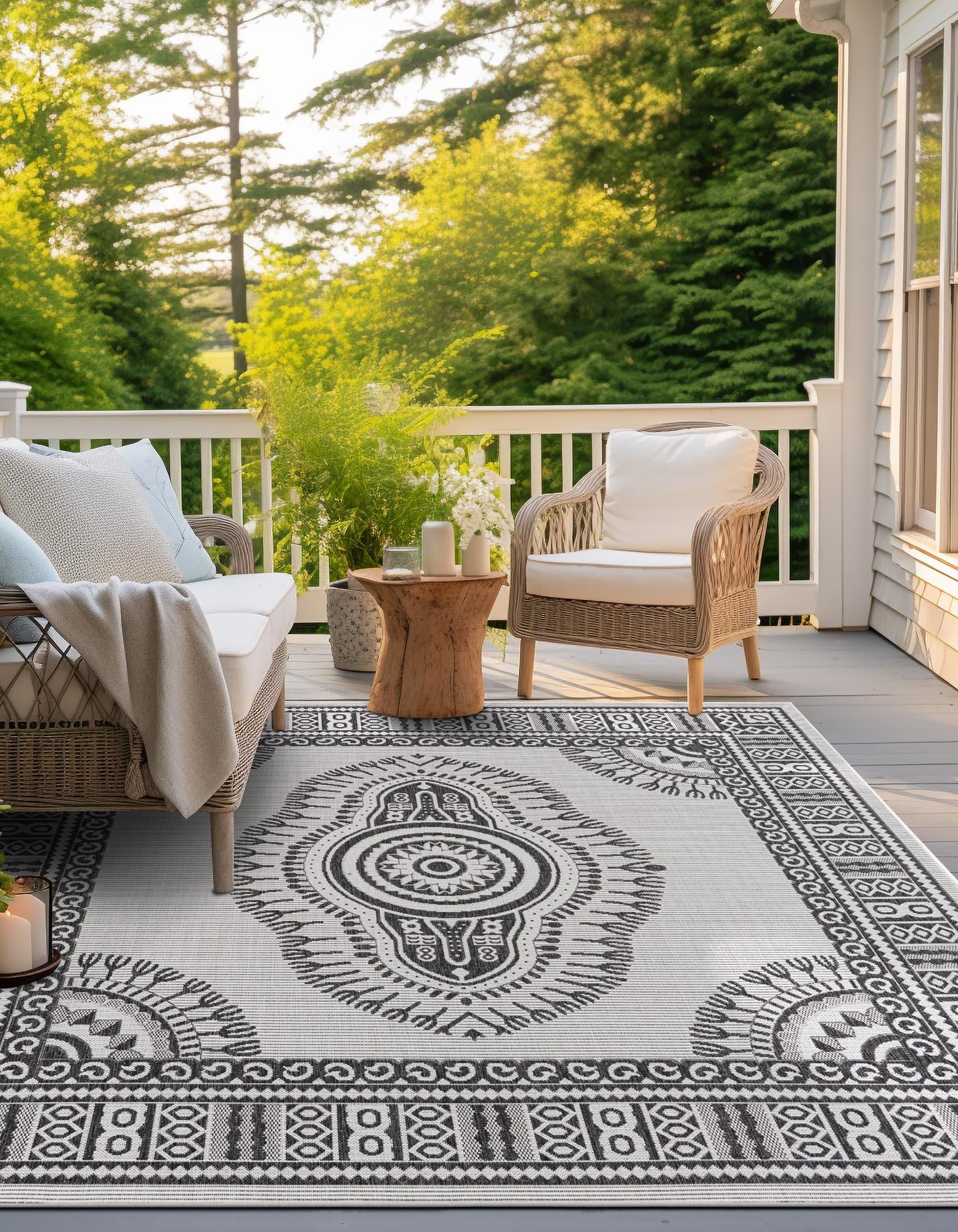 White and Black 12' x 12' Traditional Outdoor Square Rug | Rugs.com