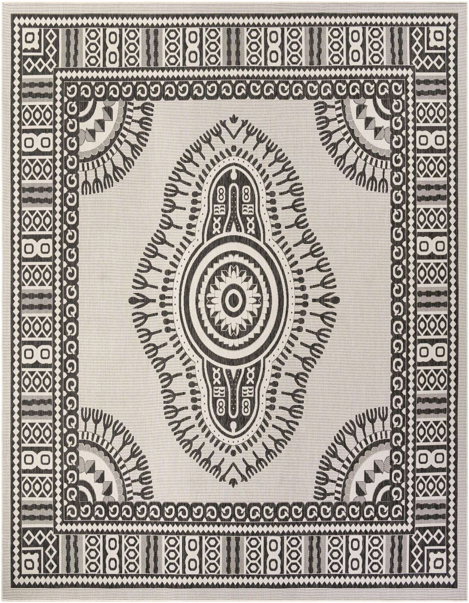 A 13' square modern black and ivory outdoor rug with a central medallion and ornate border.