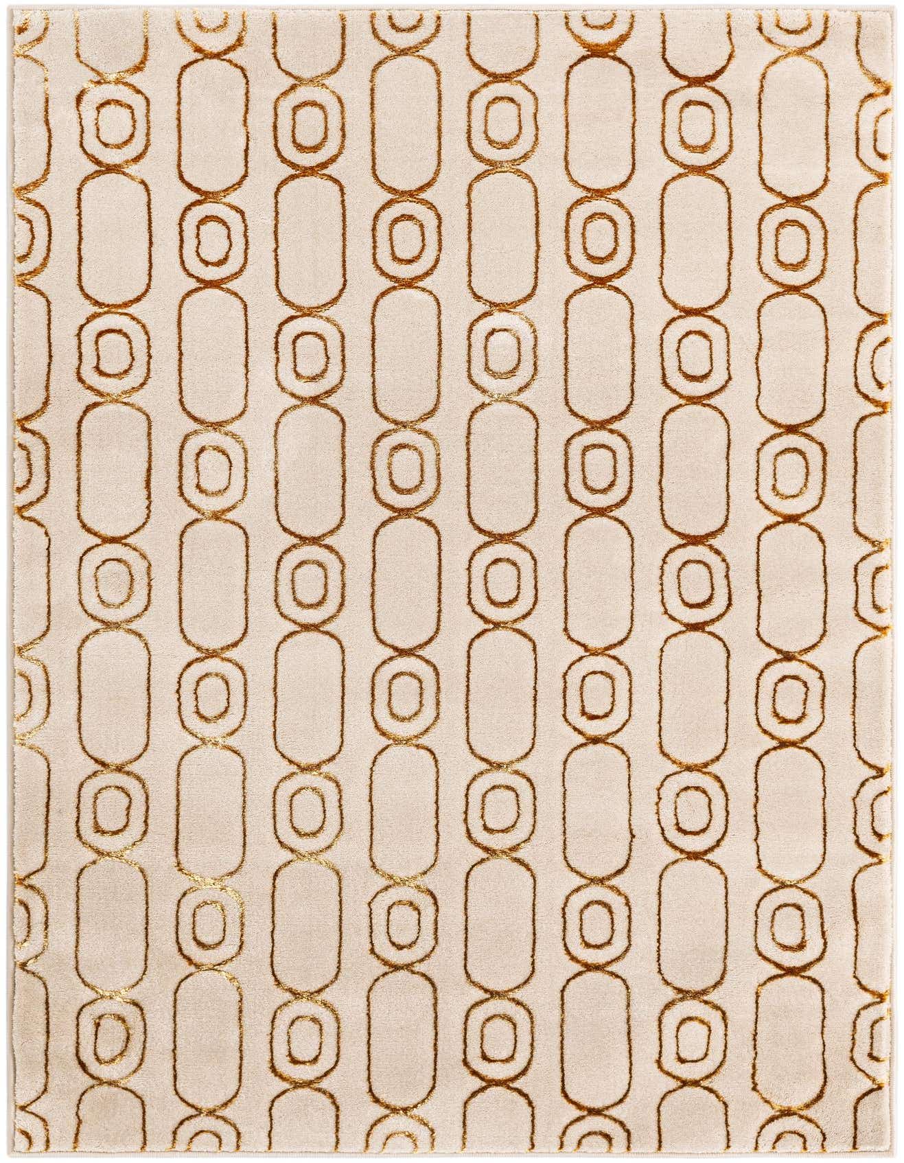 A 4x6 rectangular white and gold rug featuring a repeating geometric pattern of interconnected ovals and circles.