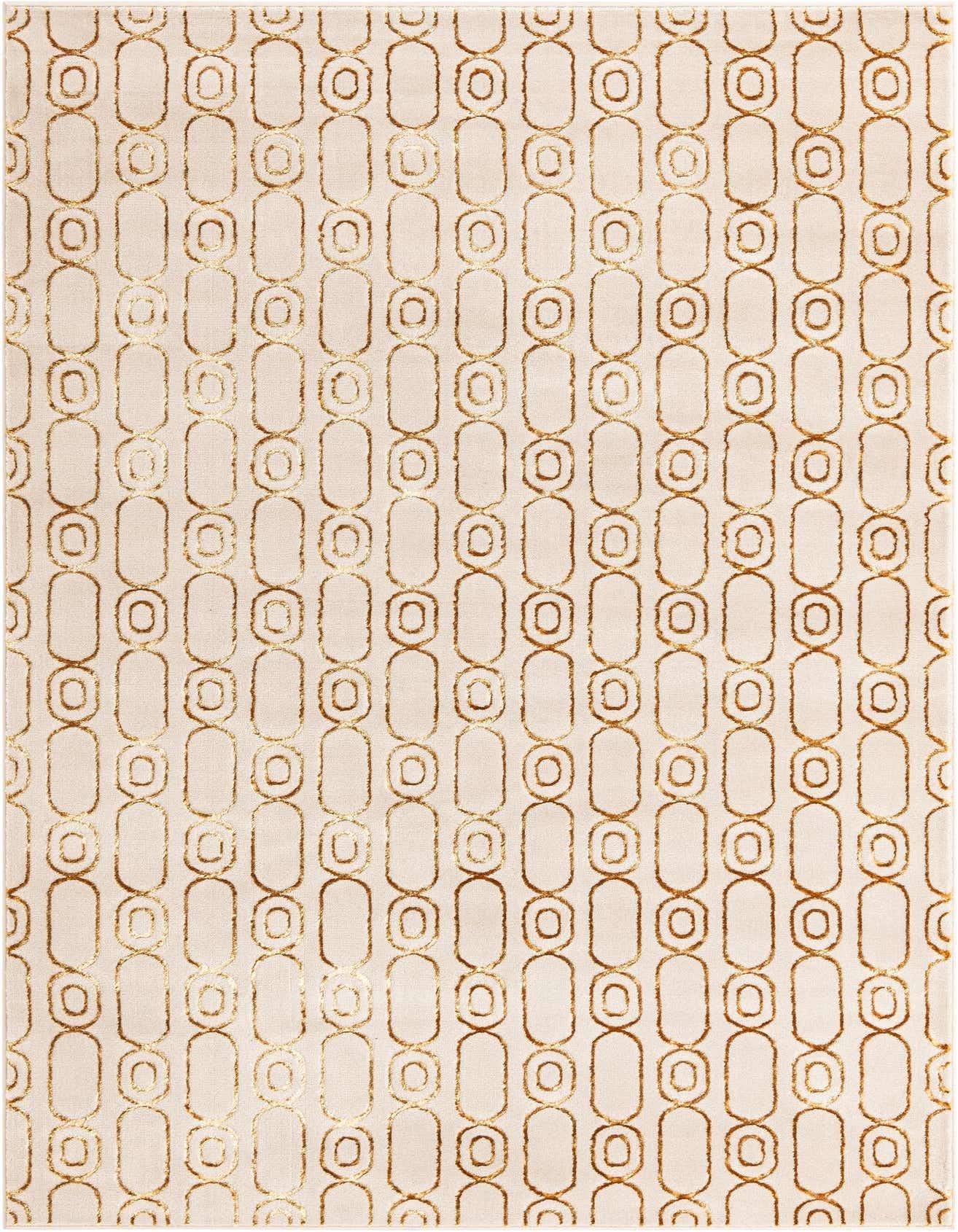 A 6x9 rectangular white and gold area rug featuring a repeating geometric pattern of linked oval and circular shapes.