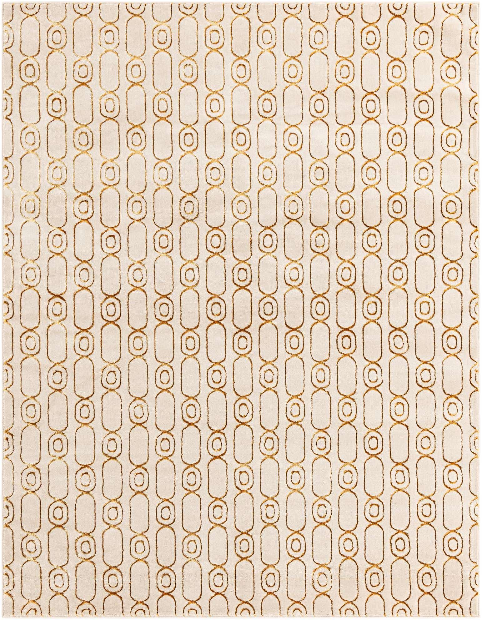 A rectangular 8x10 white and gold area rug featuring a repeating geometric pattern of interconnected ovals and circles.