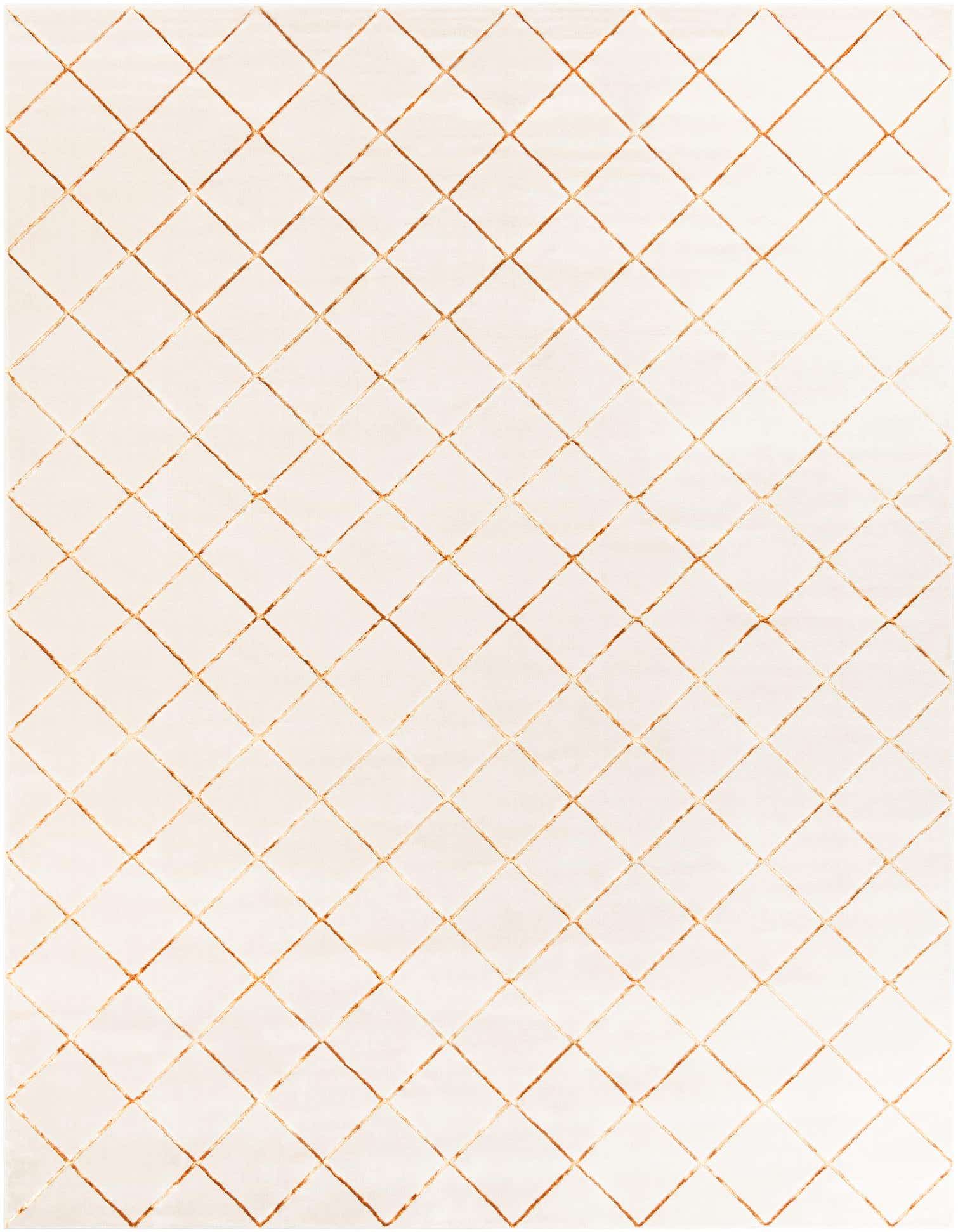 A 10x13 rectangular white and gold modern area rug with a textured diamond pattern, suitable for a living room.