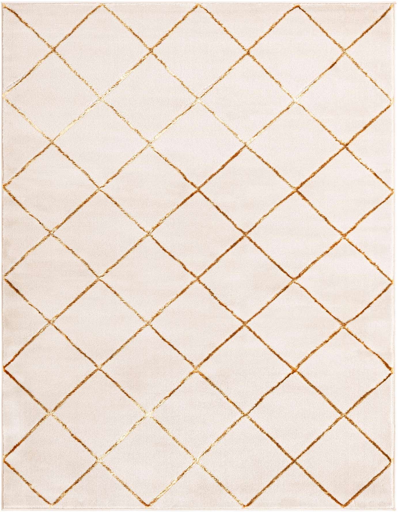 A 5x7 rectangular white rug with a gold diamond trellis pattern, featuring a textured, high pile.