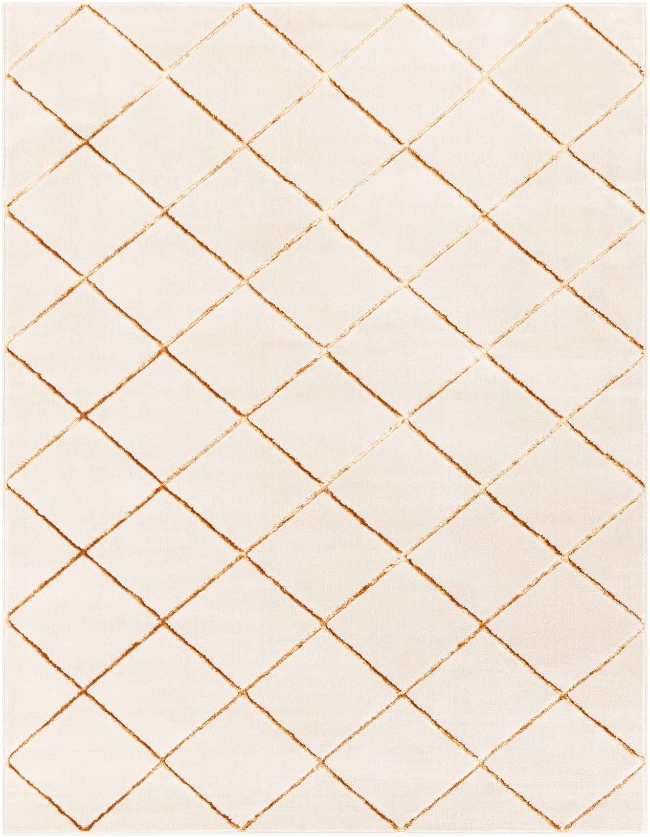A 5x8 rectangular white and gold modern area rug with a textured diamond pattern, suitable for a living room.