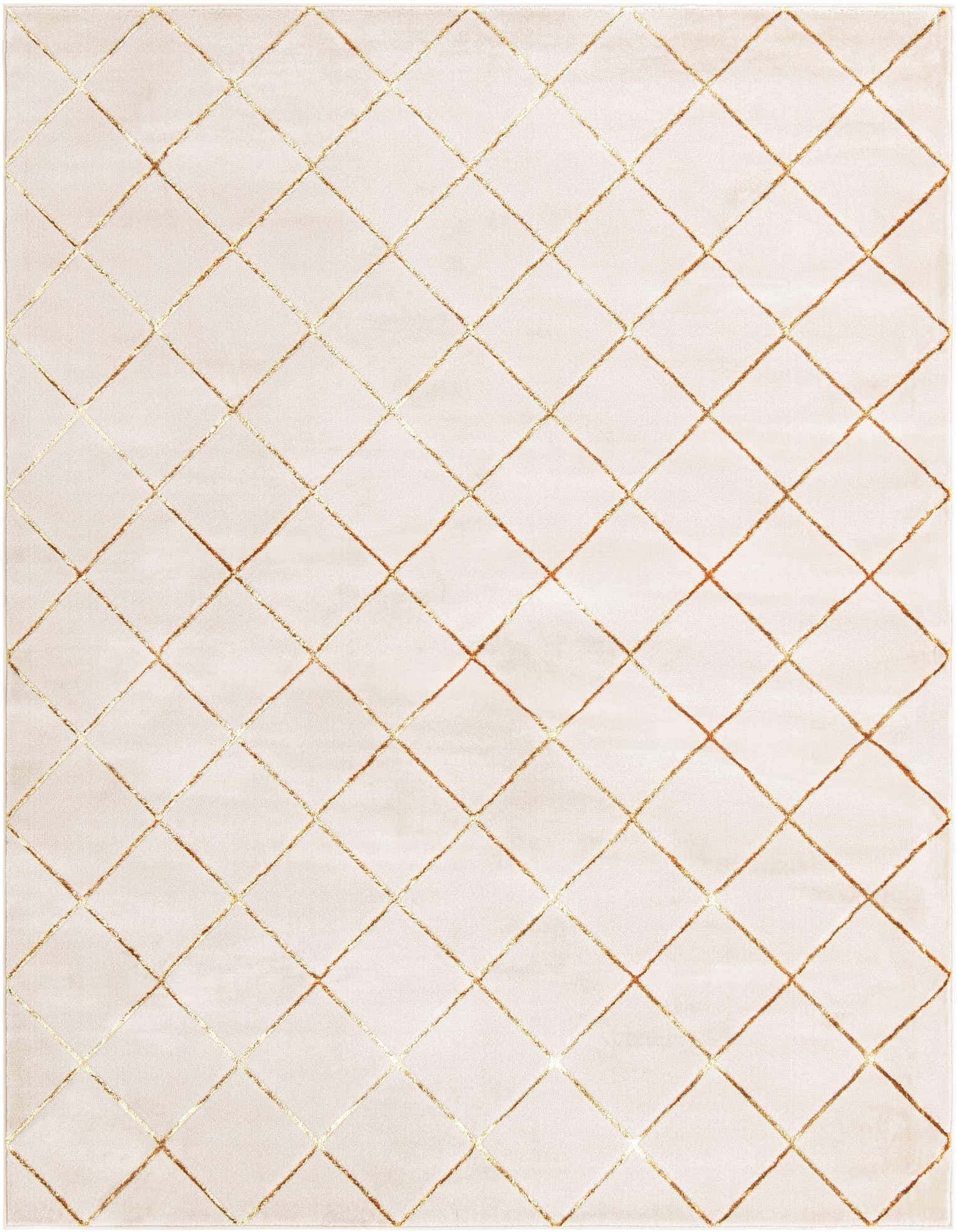 A white rectangular area rug with a repeating gold diamond pattern, suitable for a modern living room.