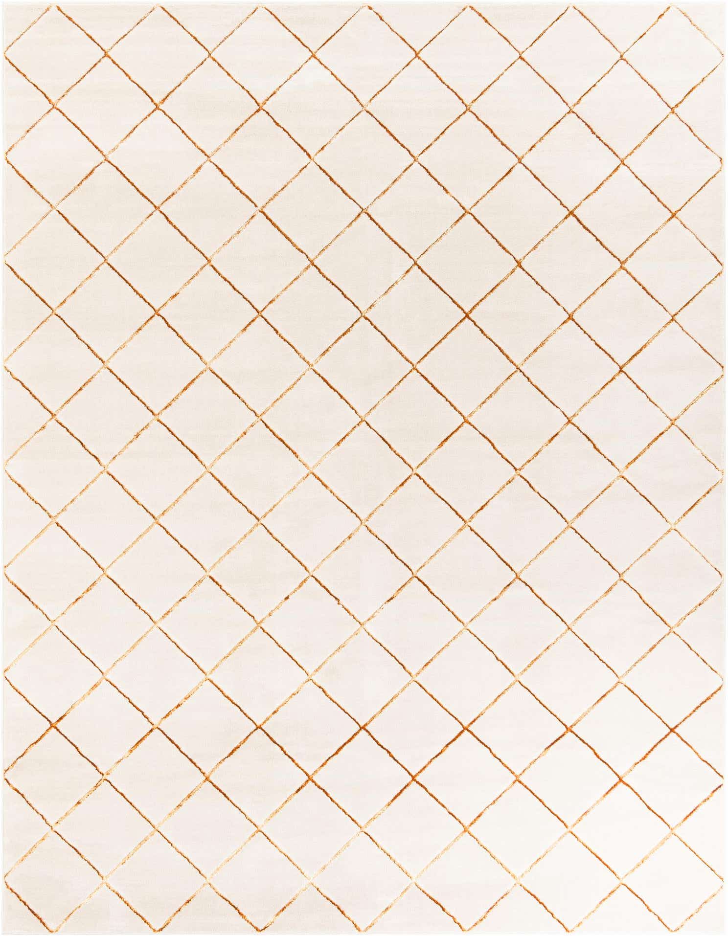 A 9x12 rectangular white and gold area rug with a textured diamond pattern, suitable for a living room.
