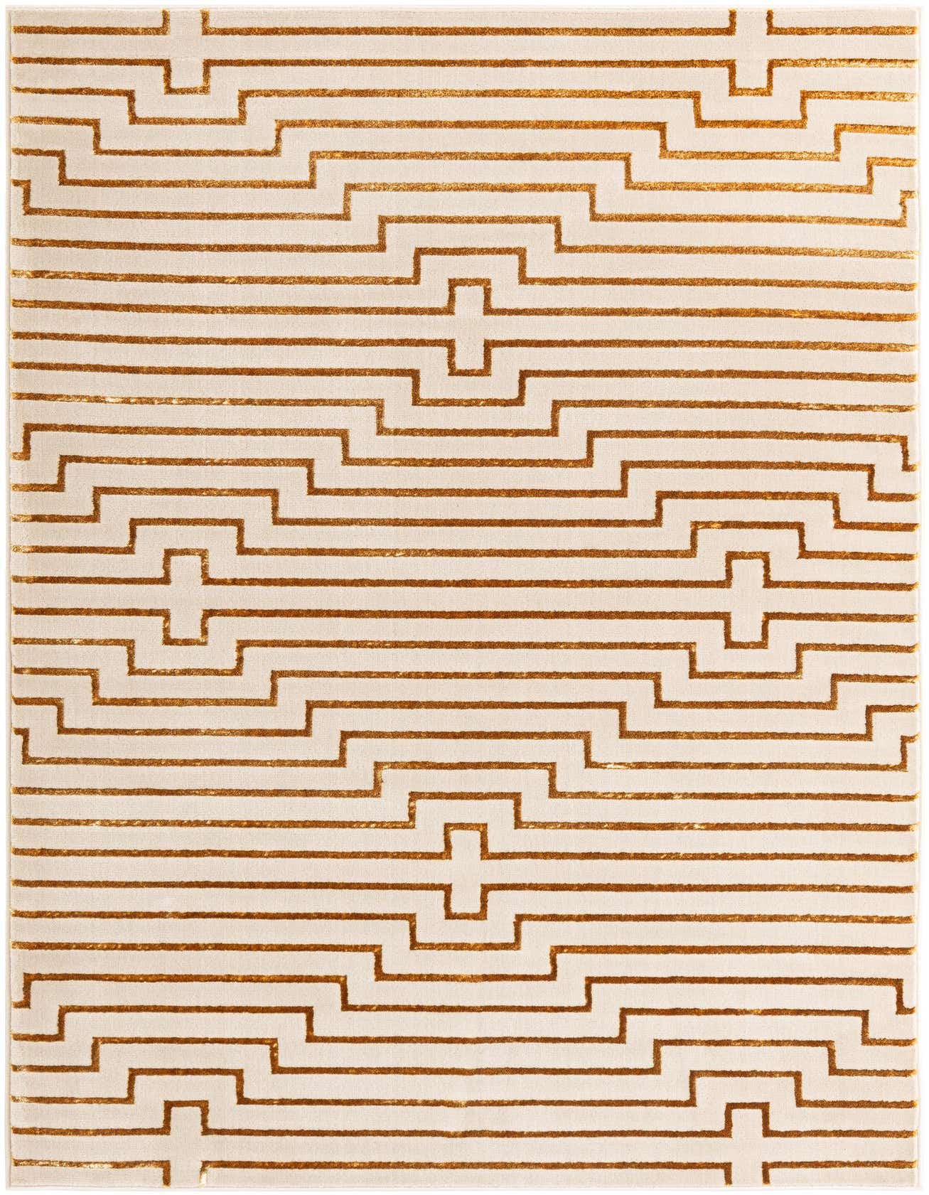A rectangular 6x9 white rug with a repeating gold geometric pattern of stepped lines, offering a modern look.