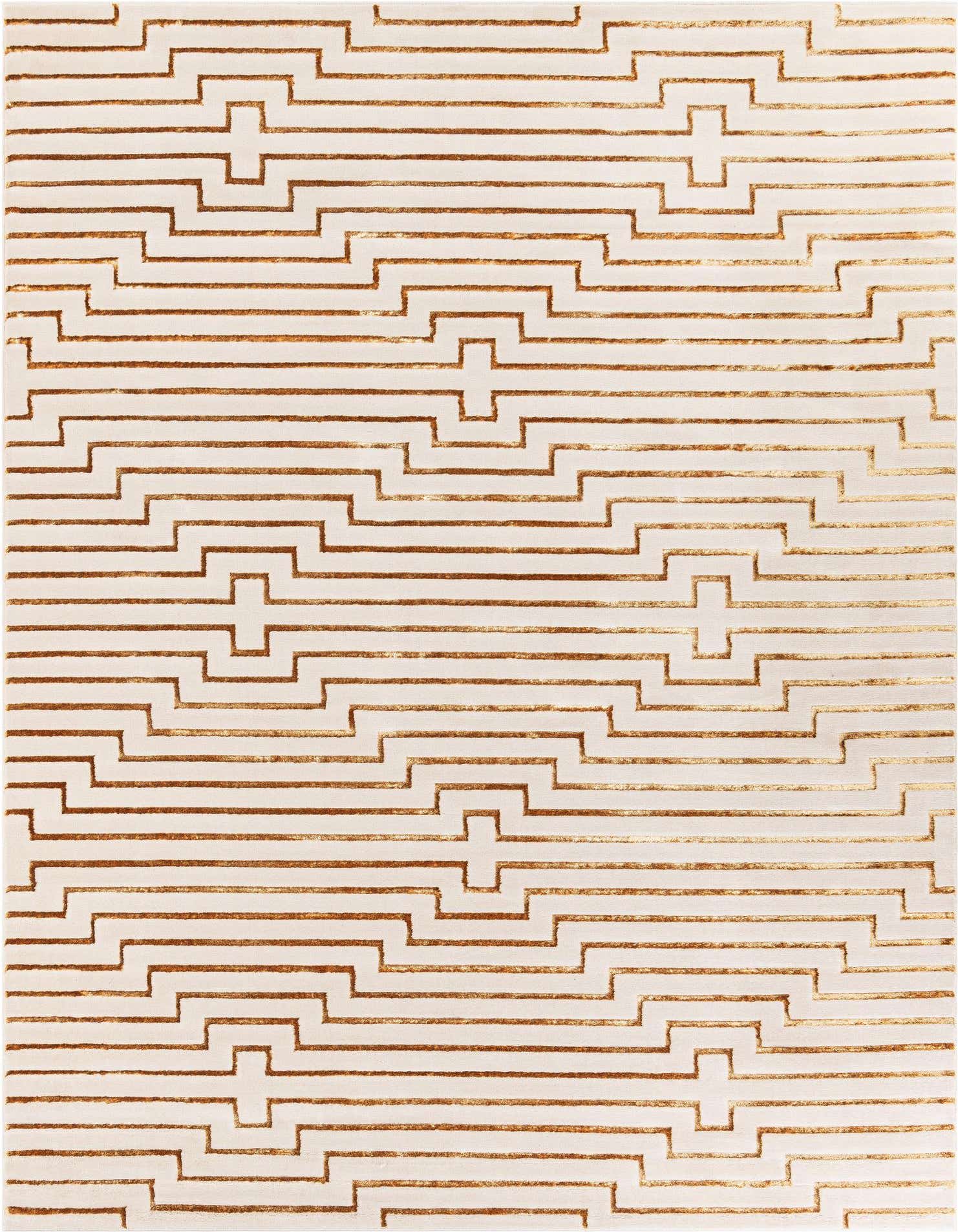 A 9x12 rectangular white and gold modern area rug with an abstract geometric stepped pattern, ideal for a living room.