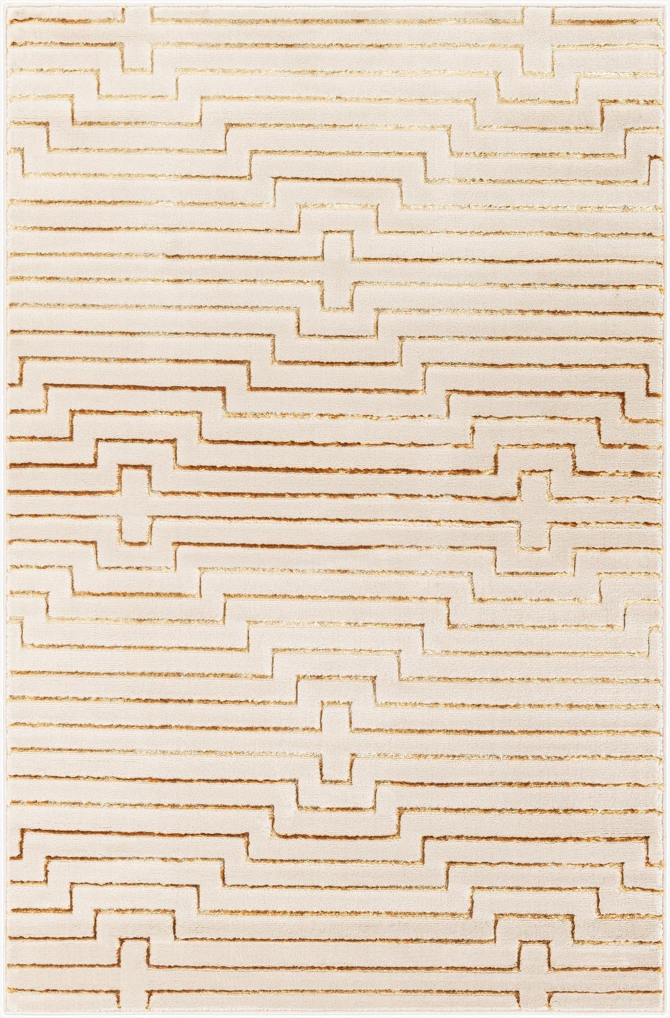 A 4x6 rectangular white and gold modern area rug with a textured geometric pattern, ideal for a living room.