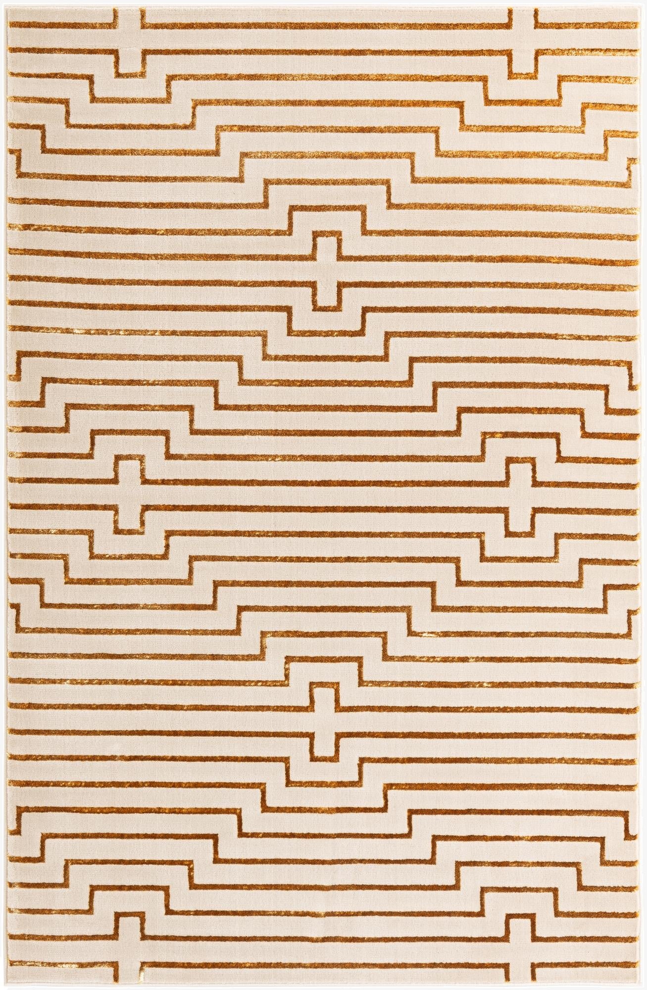 A rectangular 6x9 white rug with a repeating gold geometric pattern of stepped lines, offering a modern look.