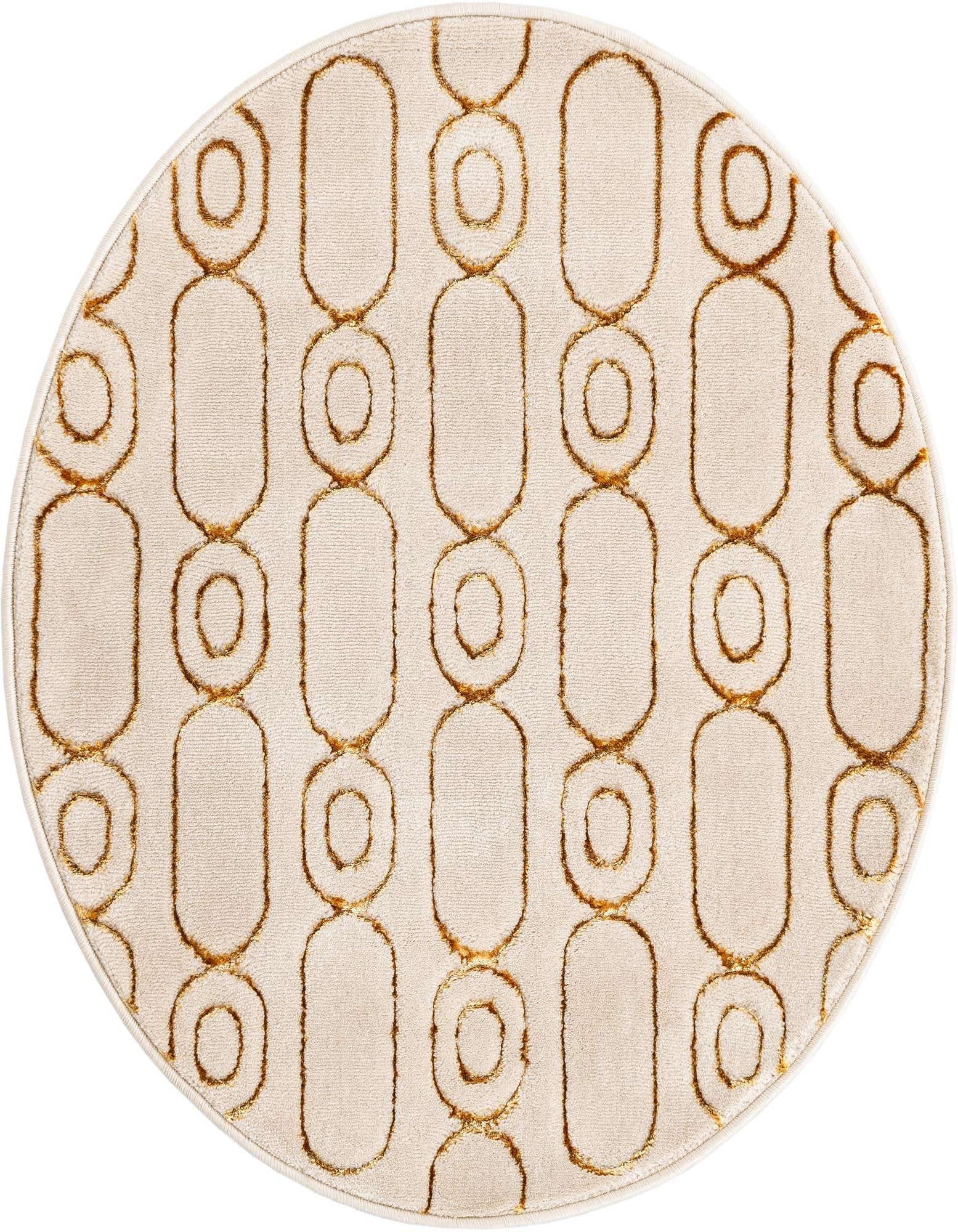 A round white and gold rug with a repeating geometric pattern of interlocking ovals and circles.