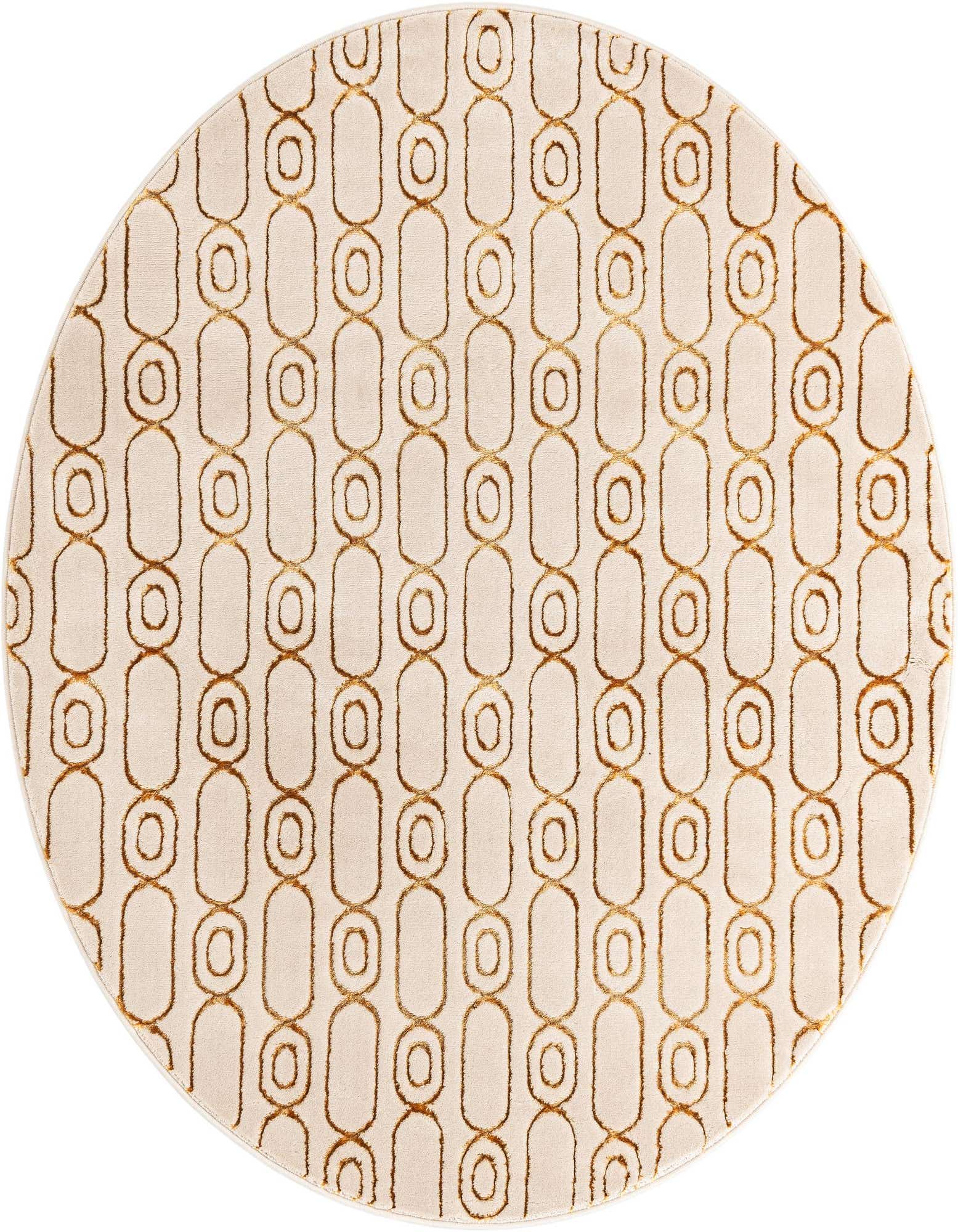 A round white rug with a repeating gold geometric chain-link pattern, ideal for a modern living room or bedroom.