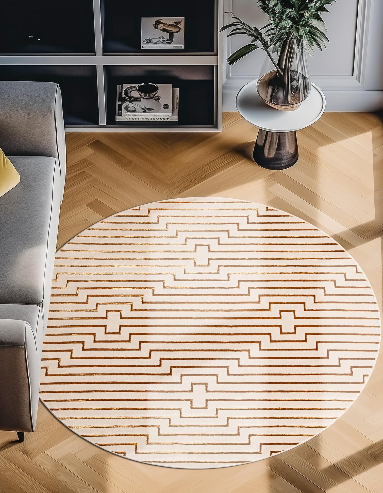 White and Gold 10' x 10' Vogue Geo Round Rug | Rugs.com