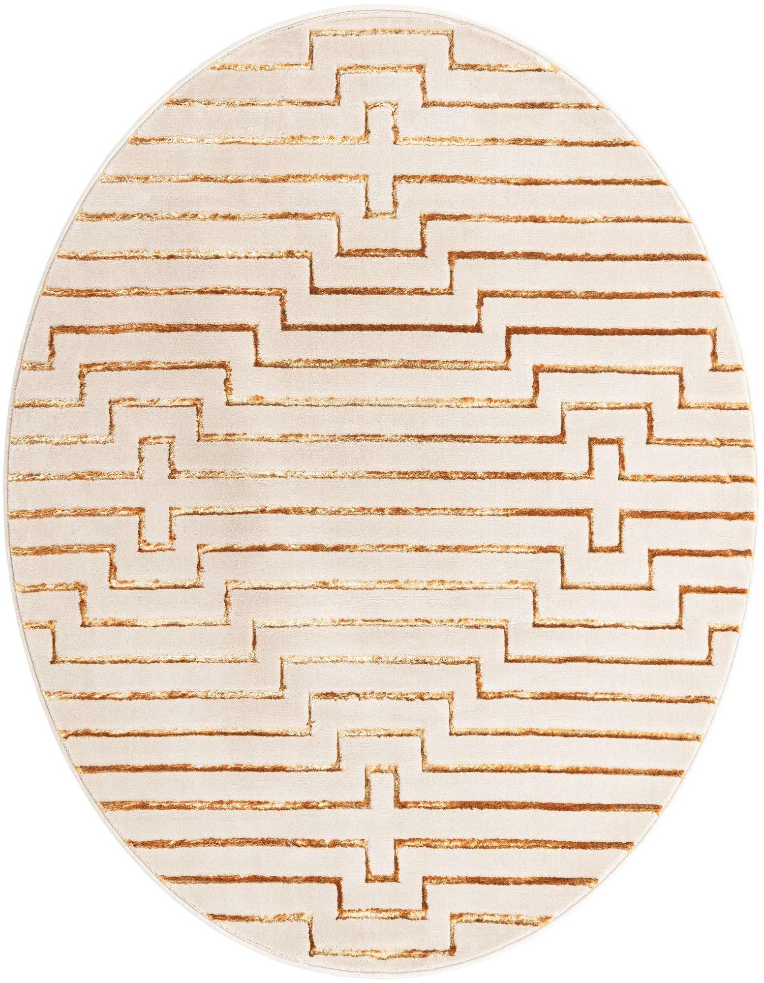 A round white rug with a textured gold geometric pattern of horizontal lines and interlocking steps, suitable for a patio.