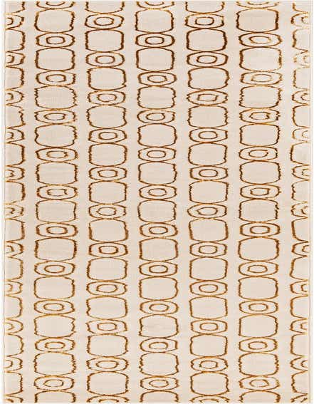A 12 ft runner rug in white with a textured gold geometric pattern, ideal for a hallway.