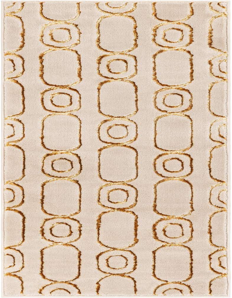 A 5 ft runner rug with a cream background and a repeating pattern of gold textured geometric shapes.