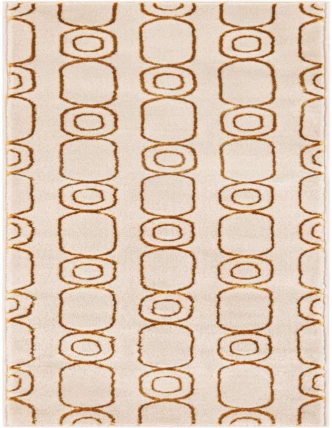 A 6 ft runner rug with a modern white background and a repeating gold geometric pattern of interconnected ovals and circles.
