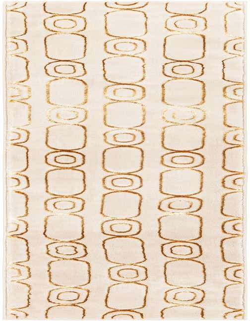 A white and gold 8 ft runner rug with a modern geometric pattern of interlocking ovals and circles.