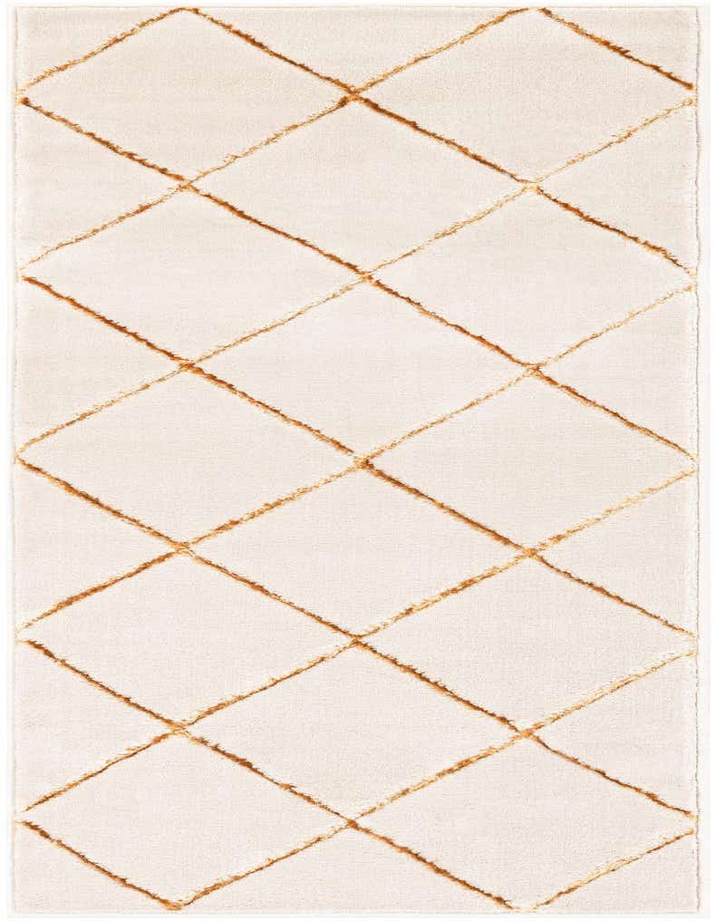 A white runner rug with a gold diamond lattice pattern, featuring a textured, medium pile perfect for a hallway.