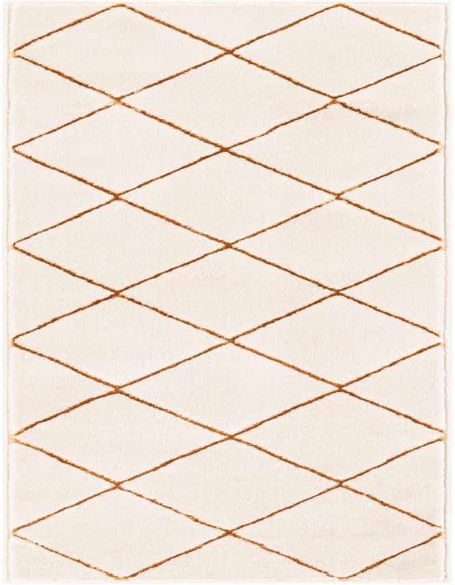 A 6 ft runner rug with a white background and a modern gold diamond pattern, ideal for a hallway.