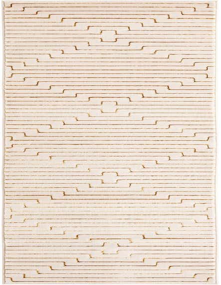 A 12 ft white runner rug with a repeating gold geometric pattern, ideal for a hallway or patio.