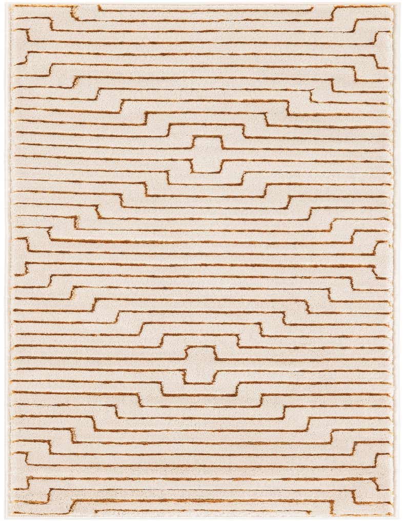 A 5 ft runner rug in white with a modern gold geometric pattern, ideal for hallways.