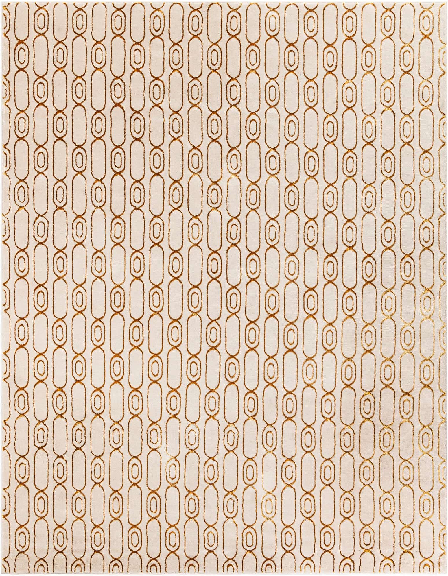 A square white and gold modern area rug featuring a repeating chain-link geometric pattern, suitable for an indoor living space.