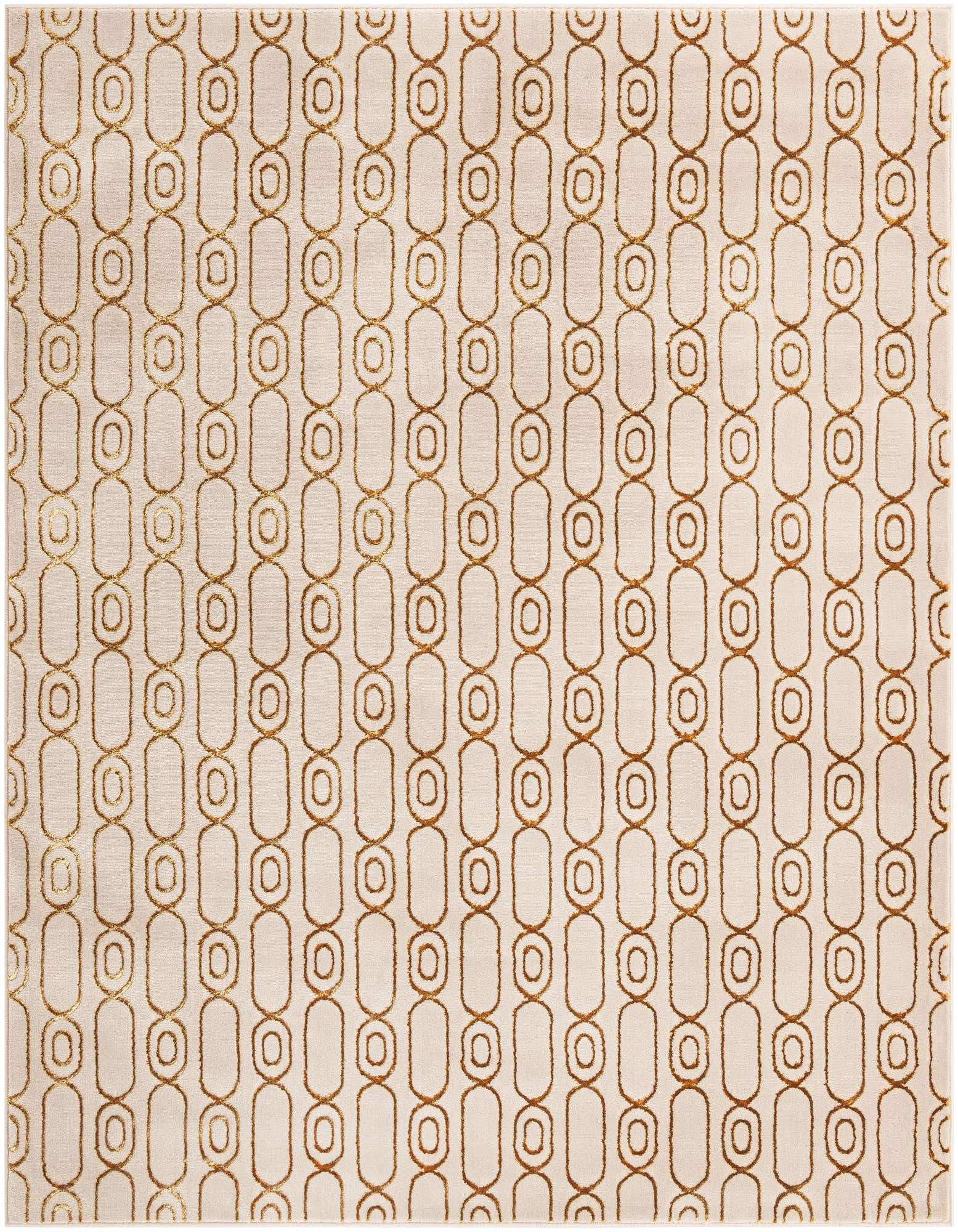 A square white rug with a repeating pattern of vertical gold linked oval shapes, suitable for a modern living space.