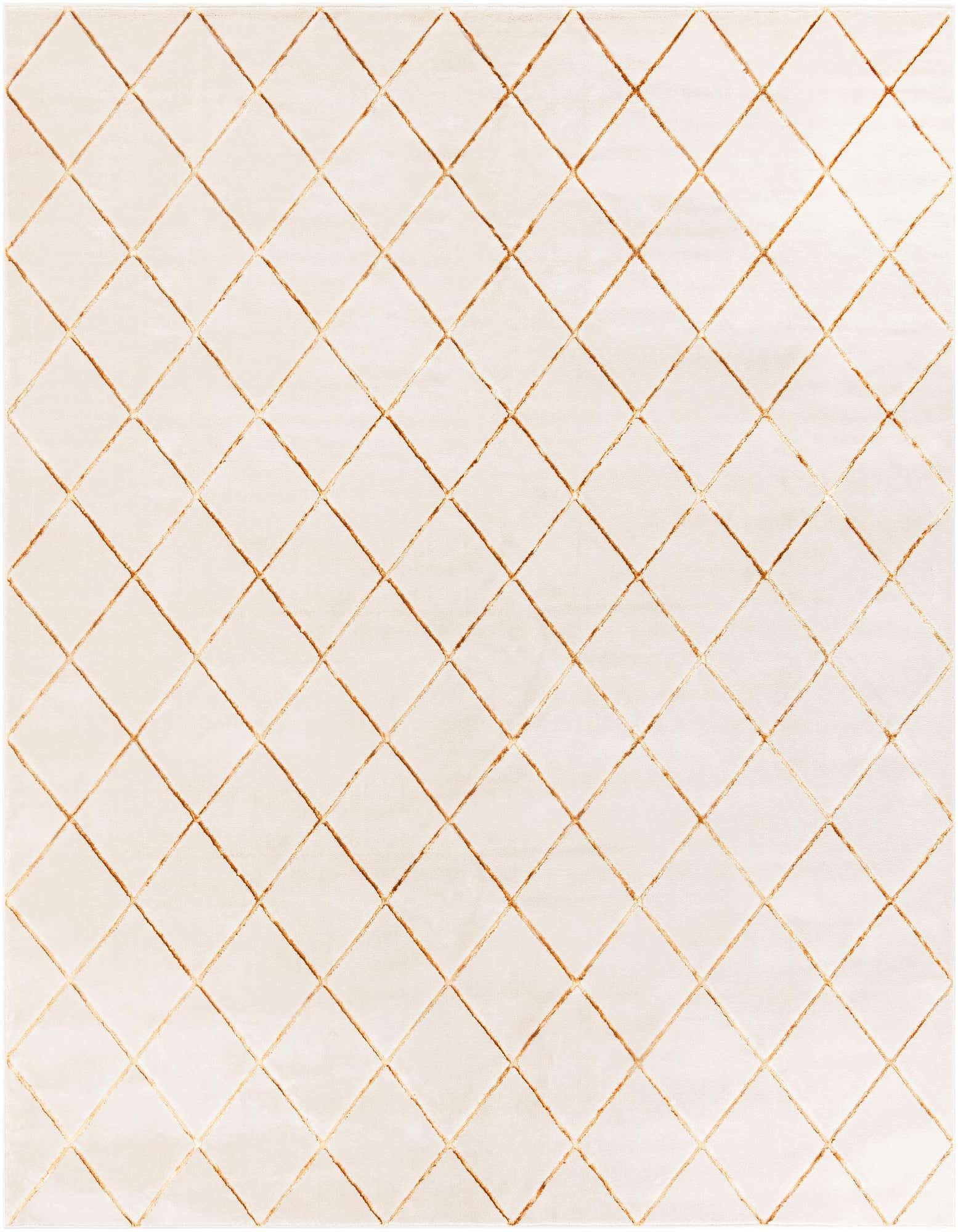 A 10'x10' square white and gold area rug with a textured diamond pattern, suitable for indoor spaces.