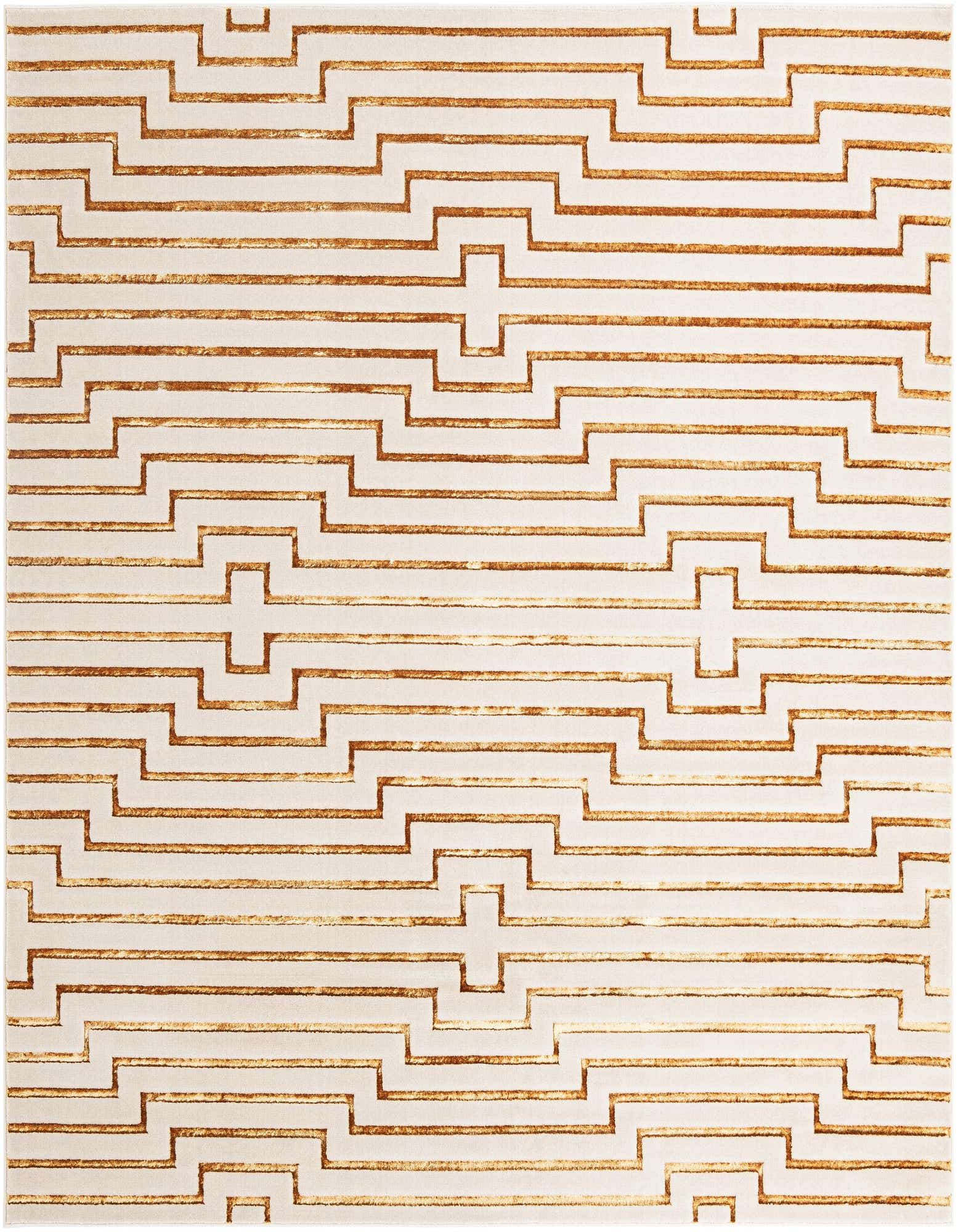 A 10'x10' square white rug with a repeating gold geometric pattern of horizontal and stepped lines, suitable for a living room.
