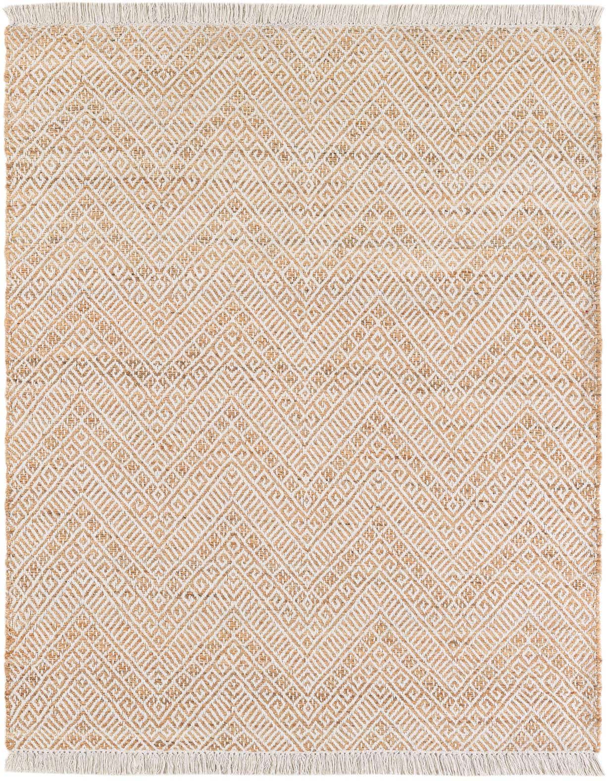 A 5x8 rectangular natural jute and cotton rug with a modern chevron diamond pattern in brown and white, featuring fringed ends.