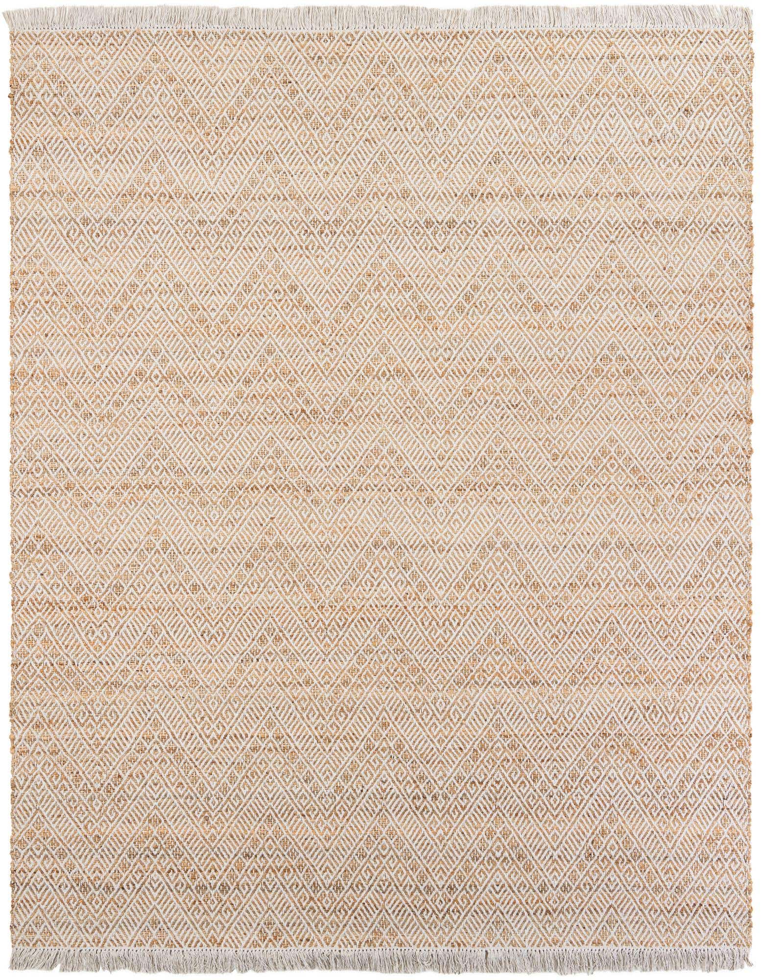 A rectangular 8x10 natural jute and cotton rug with a modern geometric diamond pattern in brown, tan, and white, featuring fringed ends.