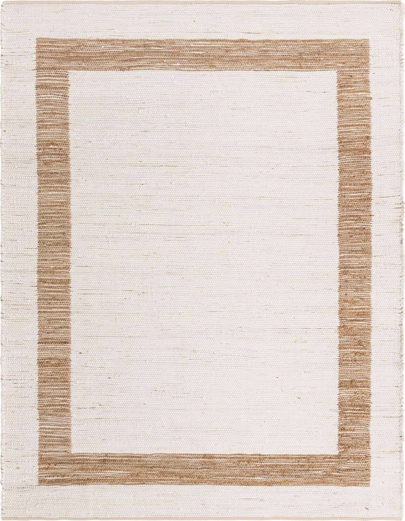 An 8x11 rectangular natural fiber rug with a white center and a wide brown jute border, ideal for a living room.