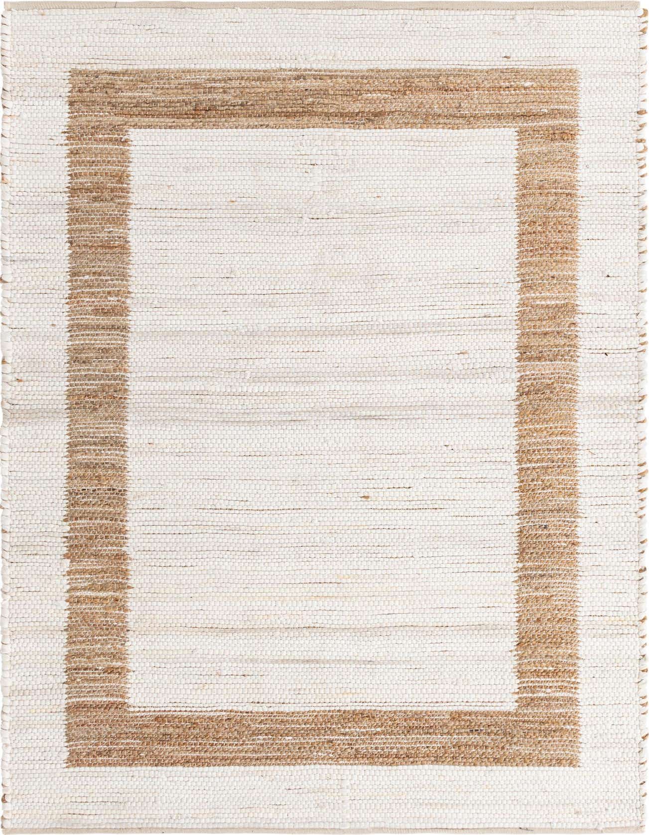 A 5x8 rectangular Chindi Jute rug featuring a natural brown border on a white, textured flatweave background.