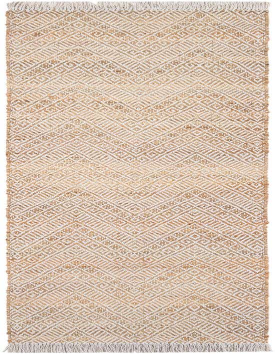 A 10 ft runner rug with a natural brown jute and white geometric chevron pattern, featuring fringed ends.