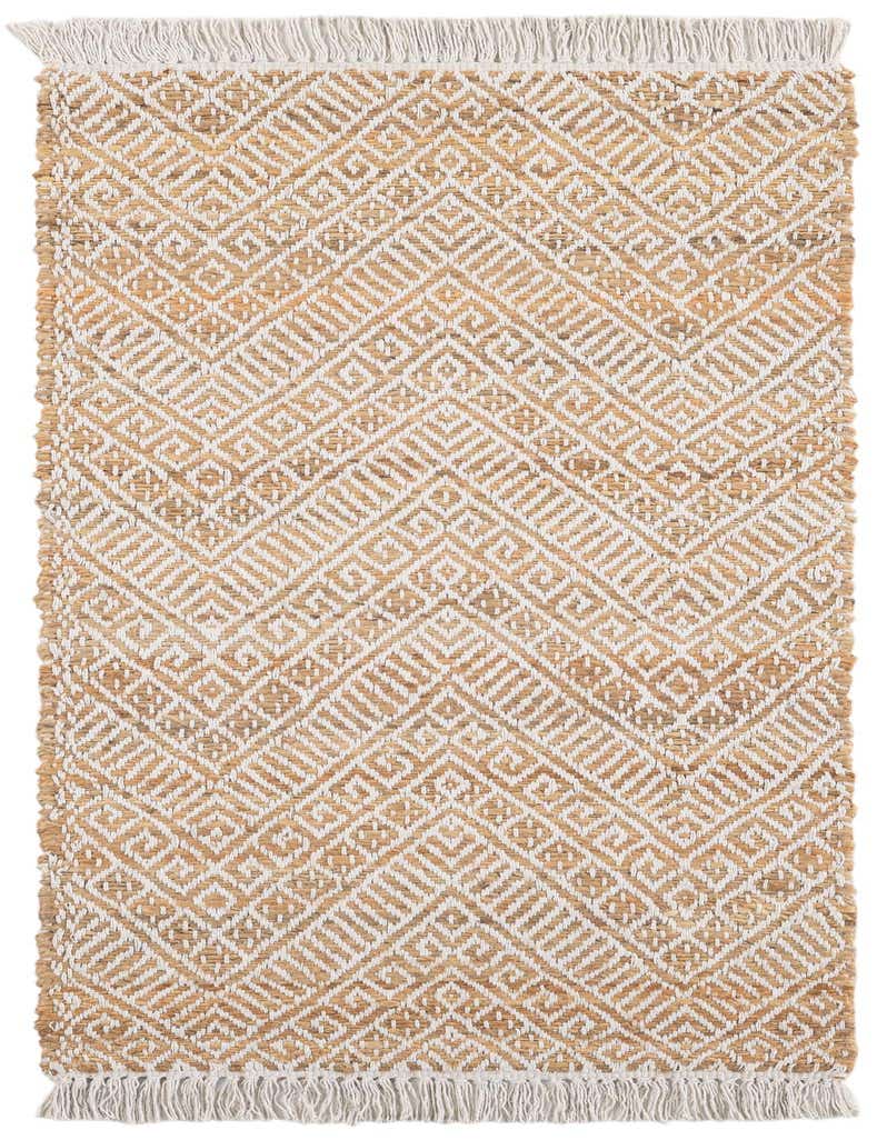 A 5 ft runner rug, natural brown jute with white modern geometric patterns, and white fringe.